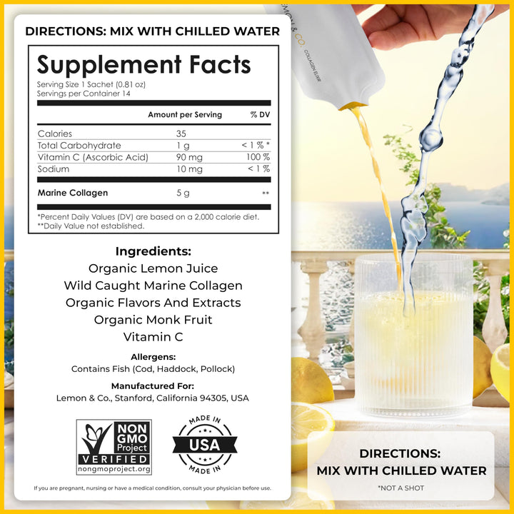 LEMON & CO. Lemon Collagen Elixir - 5g Wild Caught Marine Collagen with Vitamin C & Organic Lemons - Non-GMO, Sugar-Free, Preservative-Free Collagen Water for Nails, Hair & Skin - 14 Packets
