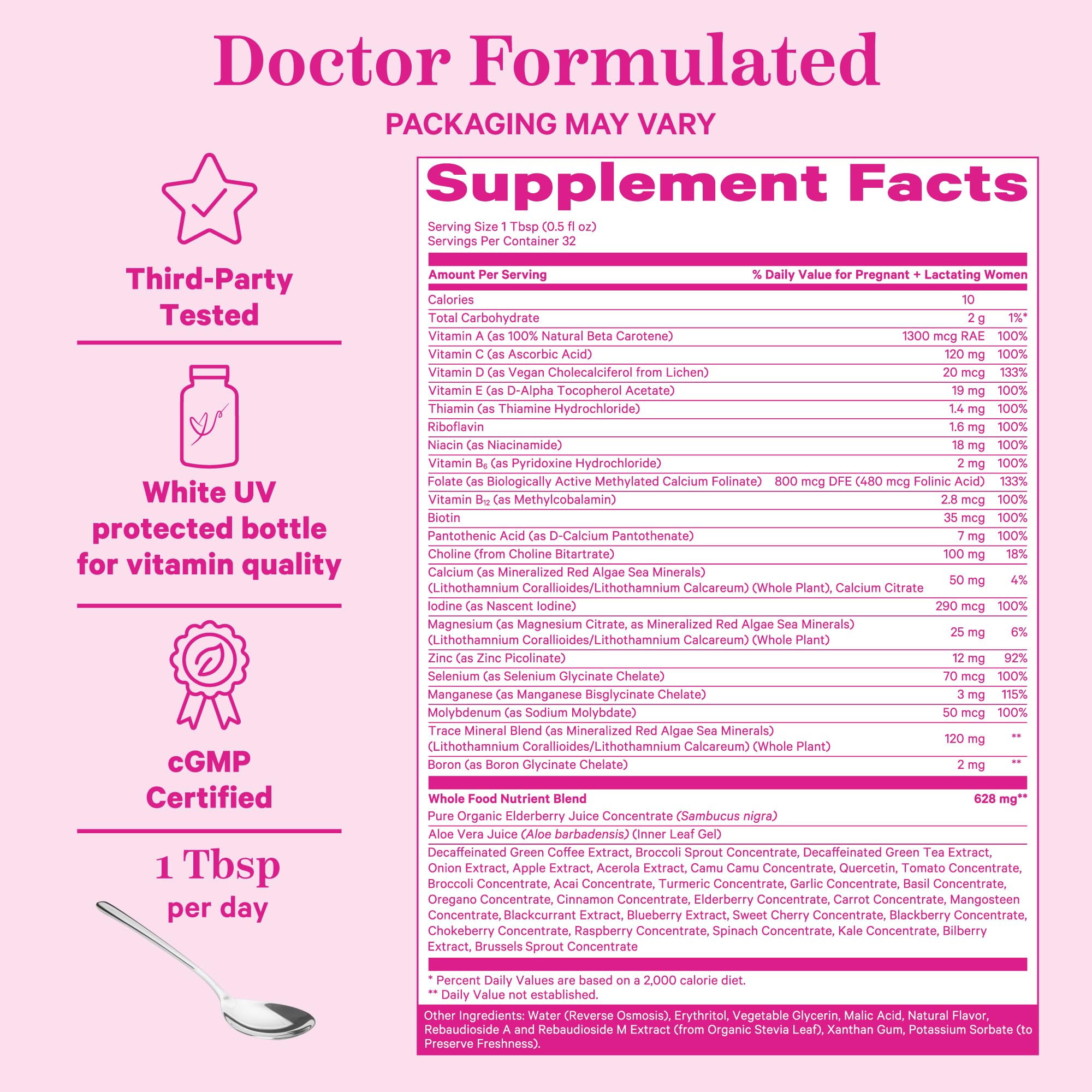 Pink Stork Liquid Prenatal Vitamins for Women - Berry Flavor - Organic Food Blend - for Fertility, Pregnancy, Postpartum- Morning Sickness Support - Breastfeeding and Lactation - 32 Servings