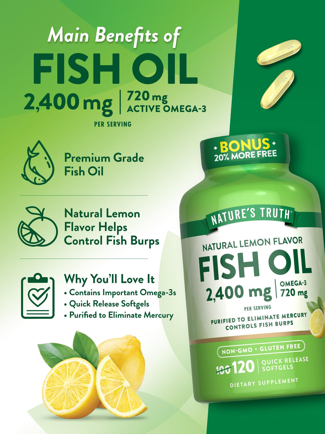 Nature's Truth Fish Oil 2400mg | 120 Quick Release Softgels | 720 mg Omega 3 | Burpless Lemon Flavor Pills | Non-GMO & Gluten Free Supplement