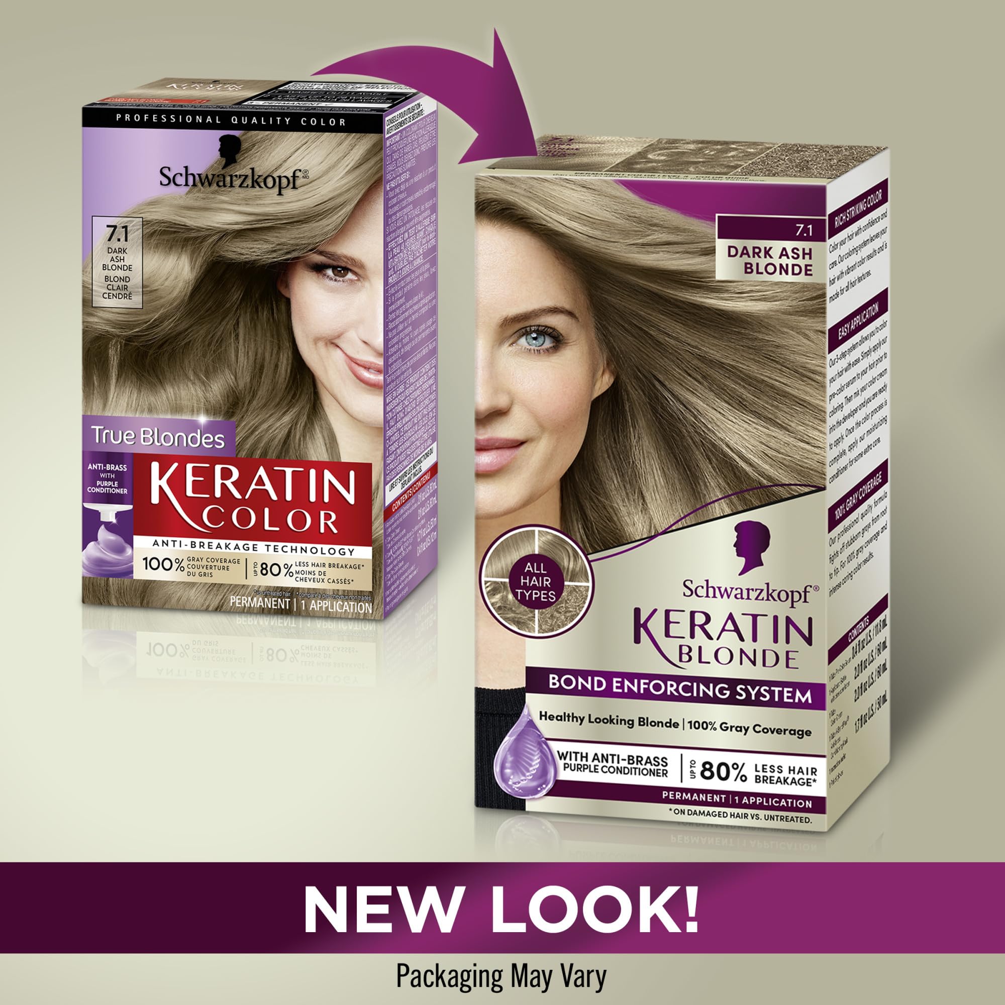 Schwarzkopf Keratin Color Permanent Hair Color, 7.1 Dark Ash Blonde, 1 Application - Professionally Inspired Permanent Hair Dye, for up to 80% Less Breakage vs Untreated Hair and up to 100% Gray Cover
