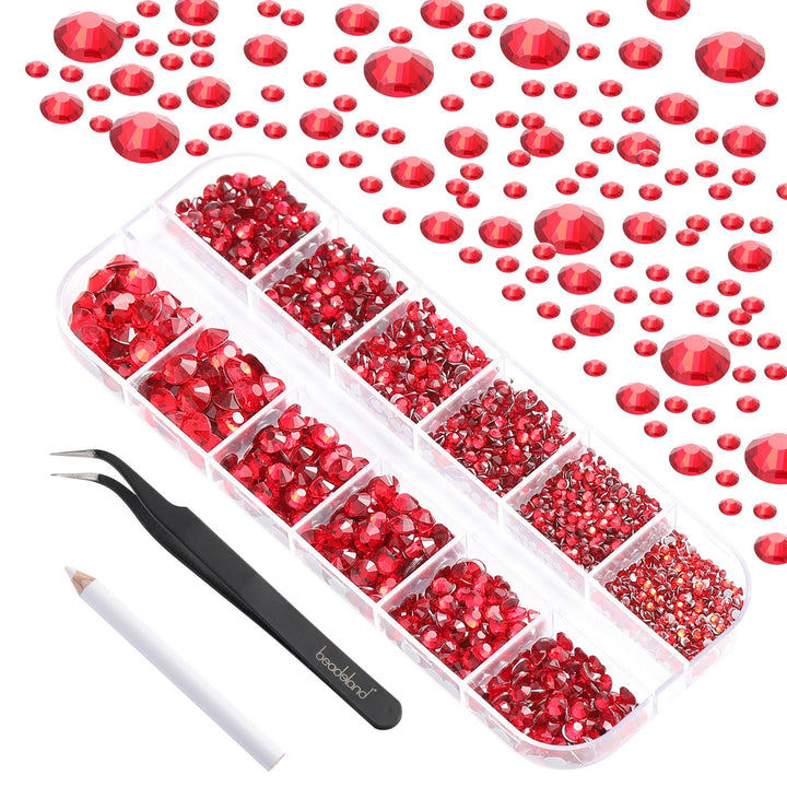 Beadsland 2500pcs Red Rhinestones, Flatback Gems Round Red Crystal Rhinestones for Crafts Mixed 8 Sizes SS4~SS30 with Picking Tweezer and Pen (Siam)