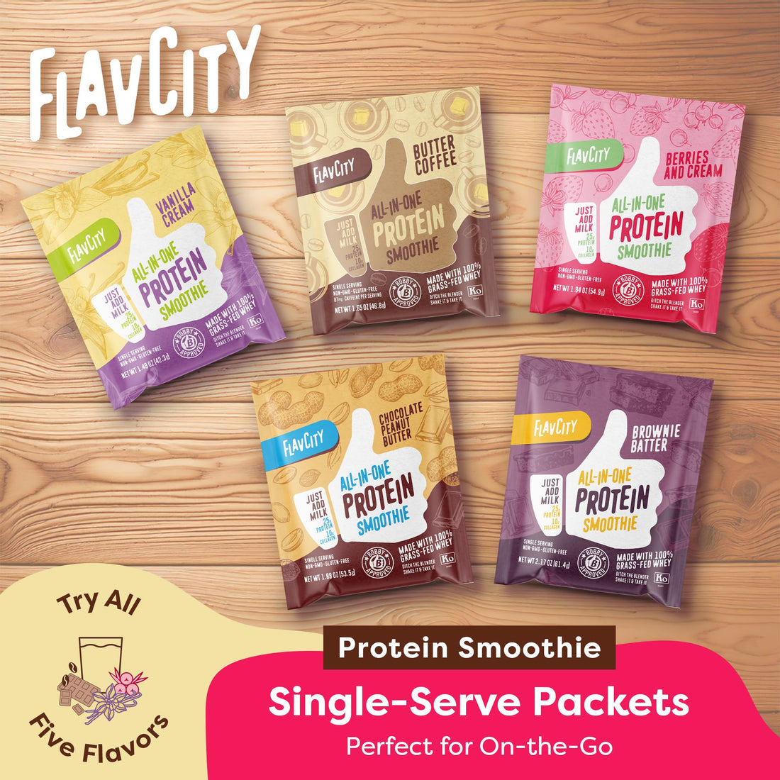 FlavCity All-in-One Protein Smoothie Powder, Variety Pack (5 Single Serve Packets) - 100% Grass-Fed Whey Protein Powder with 25g Protein & 10g Collagen - Gluten-Free Pre Workout & Post Workout Drink