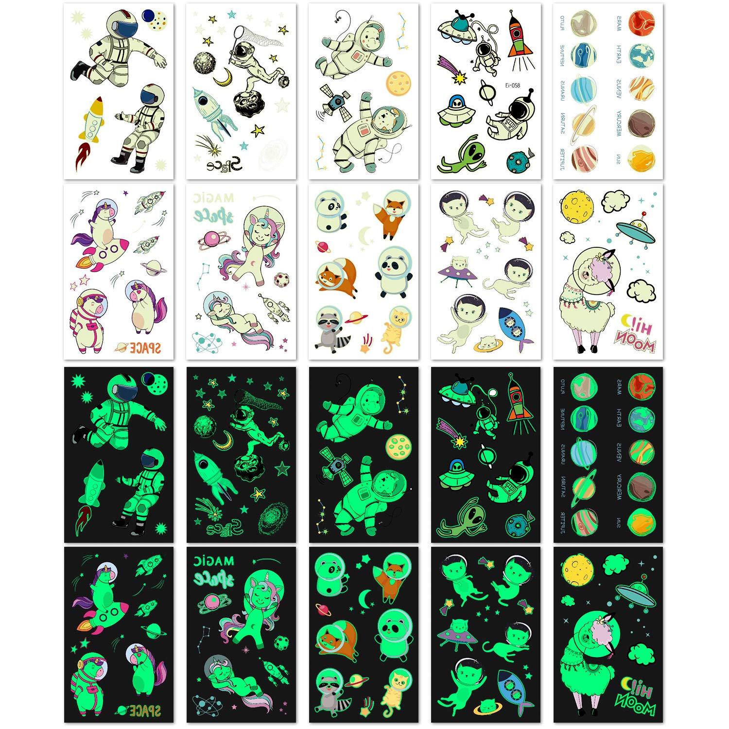 PHOGARY 20 Sheets Space Tattoos Stickers for Kids (Glow in the Dark), Children Fake Tattoos, Funny Temporary Tattoos as Outerspace Party Favors for Boys Girls Birthday, Waterproof