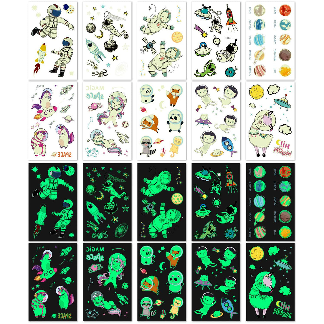 PHOGARY 20 Sheets Space Tattoos Stickers for Kids (Glow in the Dark), Children Fake Tattoos, Funny Temporary Tattoos as Outerspace Party Favors for Boys Girls Birthday, Waterproof