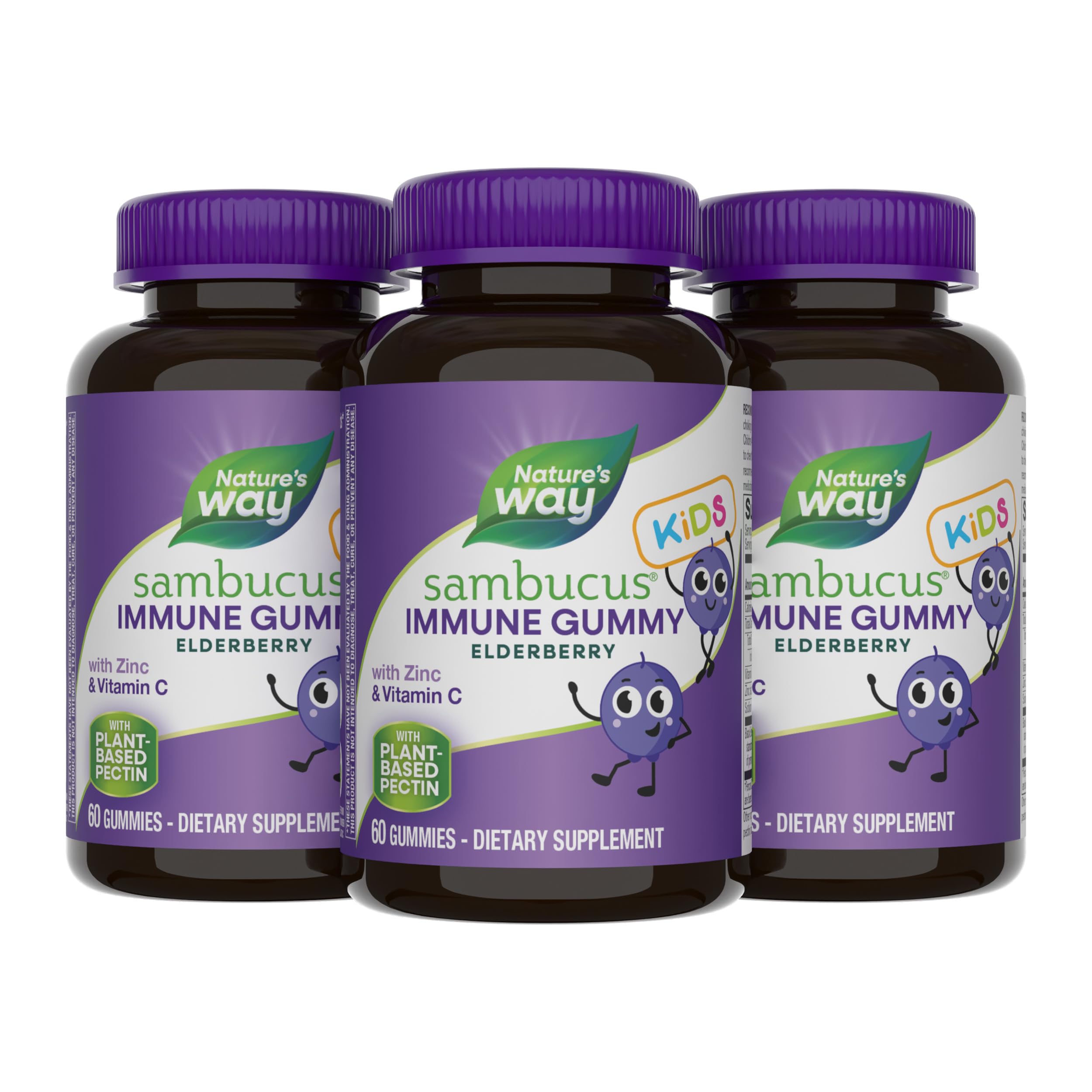 Nature's Way Sambucus Elderberry Immune Gummies for Kids with Black Elderberry Extract, Vitamin C and Zinc, Immune Support Gummies*, 60 Count (Set of 3)