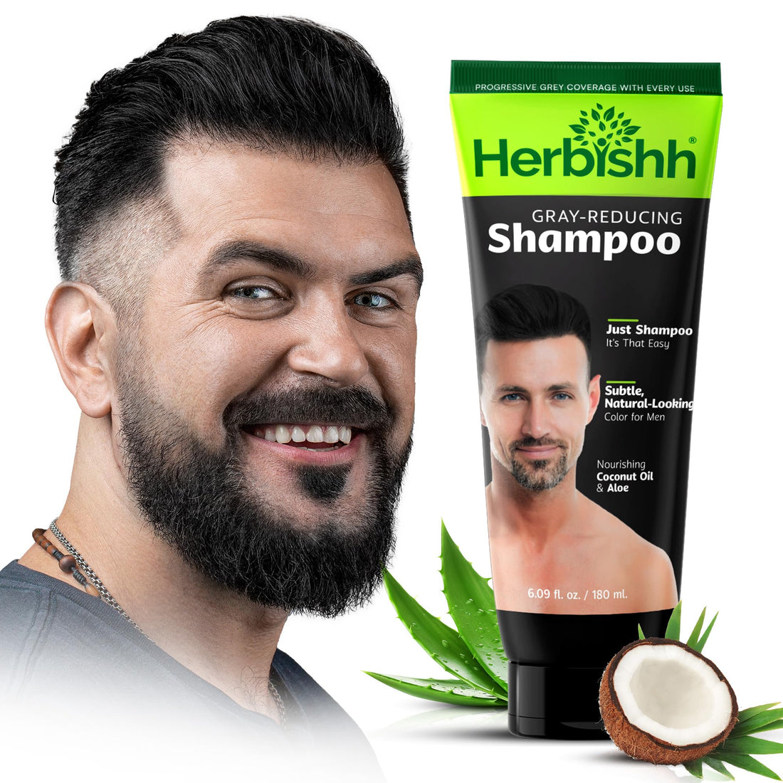Herbishh Gray Reducing Shampoo for Men, Hair Darkening & Volume Boost with Every Wash, Cleanses & Revitalizes, Easy At-Home Use, Safe for Light Brown to Black Shades, All Hair Types 6.09 fl.oz
