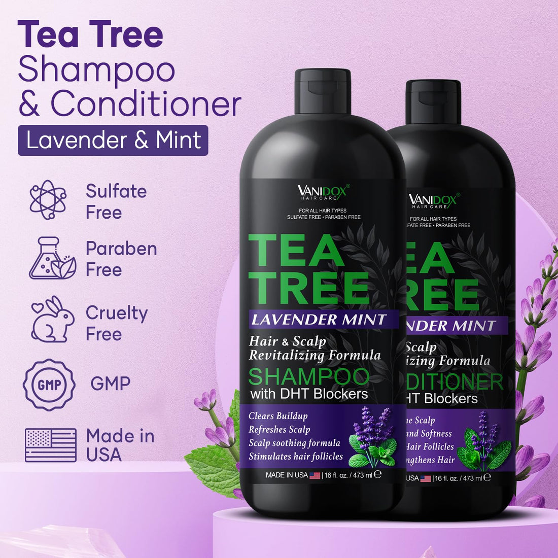 VANIDOX Tea Tree Lavender Mint Shampoo and Conditioner Set with 100% Pure Tea Tree Oil for Itchy, Dry Scalp - Deep Moisturizing & Cleansing - Sulfate & Paraben Free - Made in USA - 16 fl oz Each