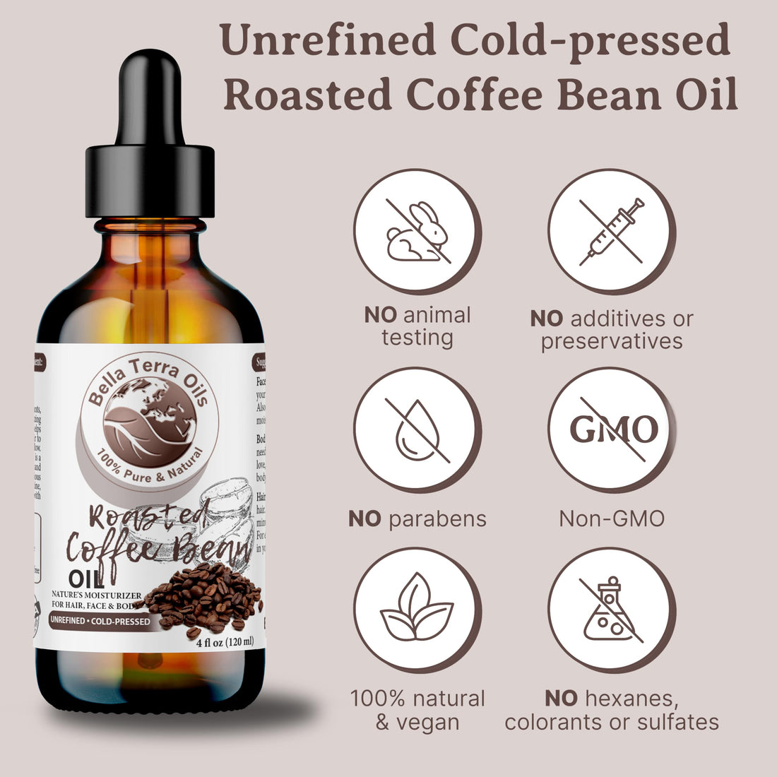 NEW Roasted Coffee Bean Oil. 8oz. Cold-pressed. Unrefined. Organic. 100% Pure. Rich in Antioxidants. Hexane-free. Improves Under-Eye Circles. Natural Moisturizer. For Hair, Skin, Nails, Stretch Marks.