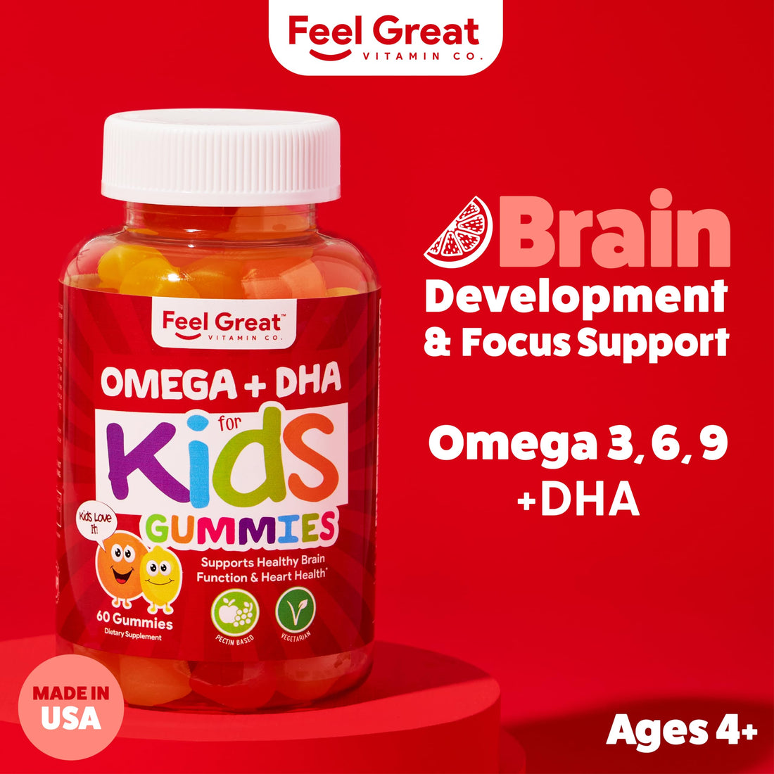 Feel Great Vitamin Co. Complete DHA Gummies for Kids | with Omega 3 6 9 + DHA, Vitamin C | Supports Healthy Brain Function, Vision & Heart Health | Gluten Free, Vegetarian | 60 Gummies