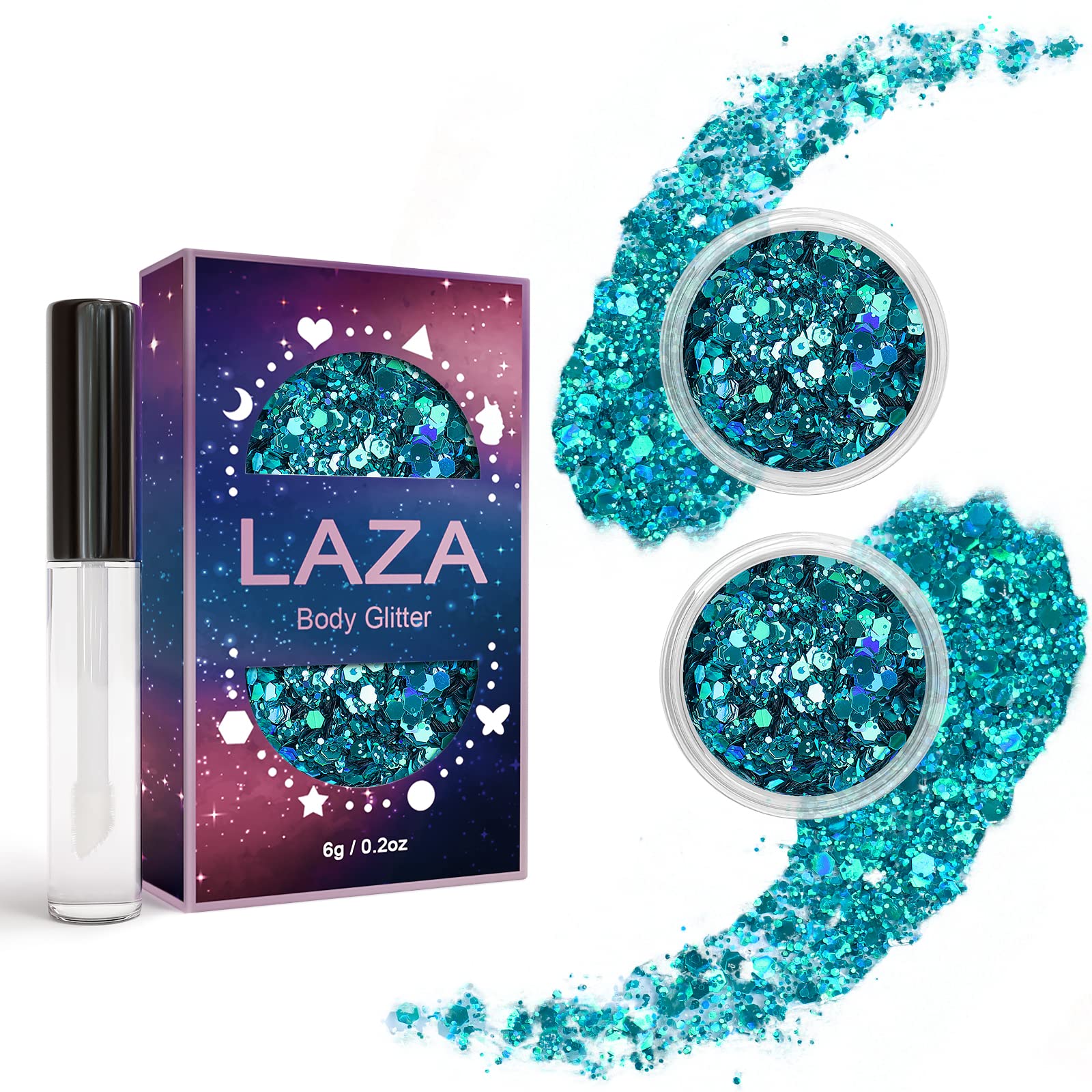 Laza Body Glitter, 2 Jars Holographic Chunky Sequins with Glitter Glue Perfect for Women Eyeshadow Makeup Face Paint Festival Rave Outfits Hair Accessories Carnival Party Costumes - Cyan Blue