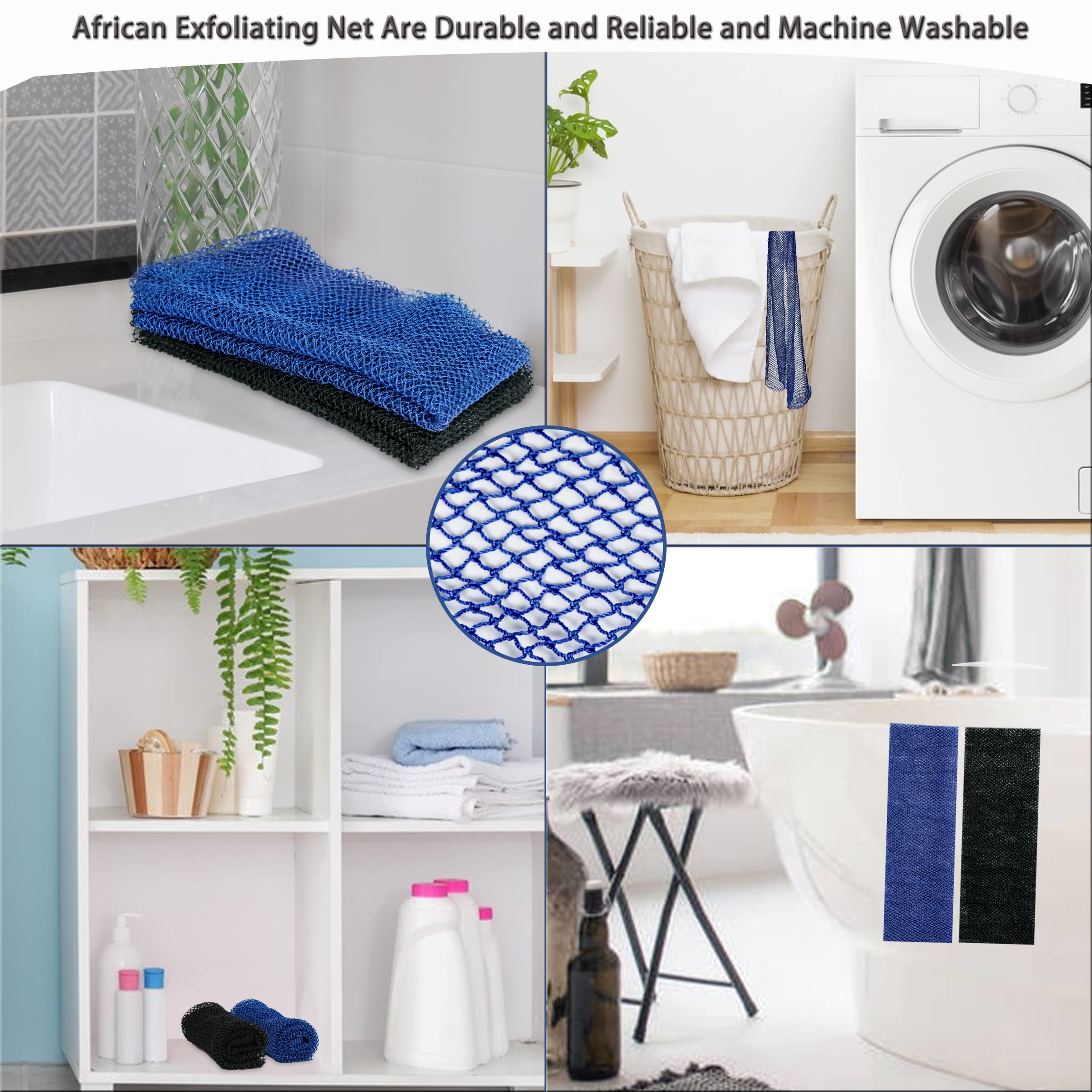 African Net Sponge, 2 Pieces Exfoliating Premium Nylon Bathing/Wash Net for Daily Back Body Scrub Scrubber Shower Net (Black, Blue) …