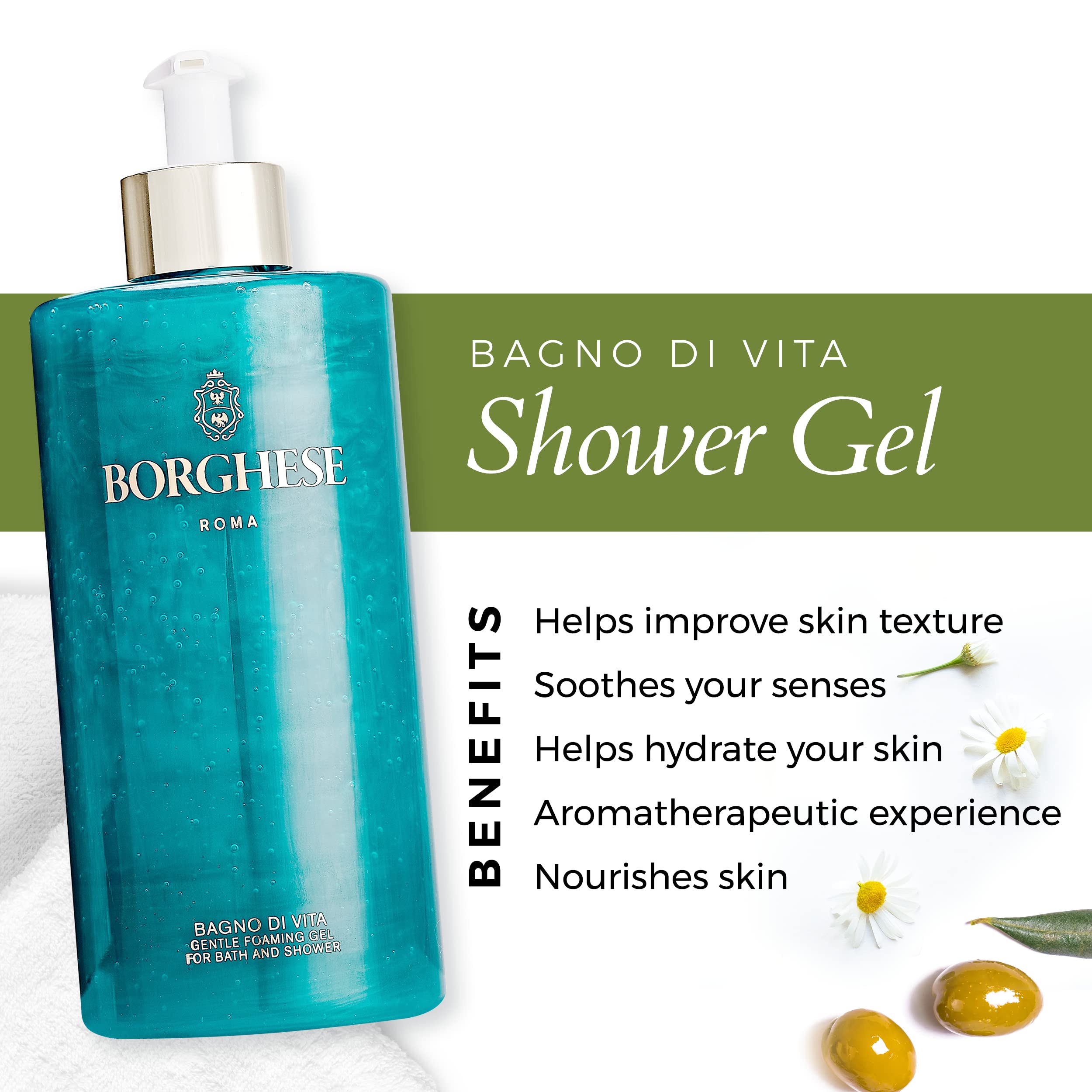 Borghese Bagno di Vita Gentle Foaming Bath & Shower Gel - Aromatherapy Hydrating Body Wash with Thyme, Chamomile & Sweet Almond Oil For All Skin Types