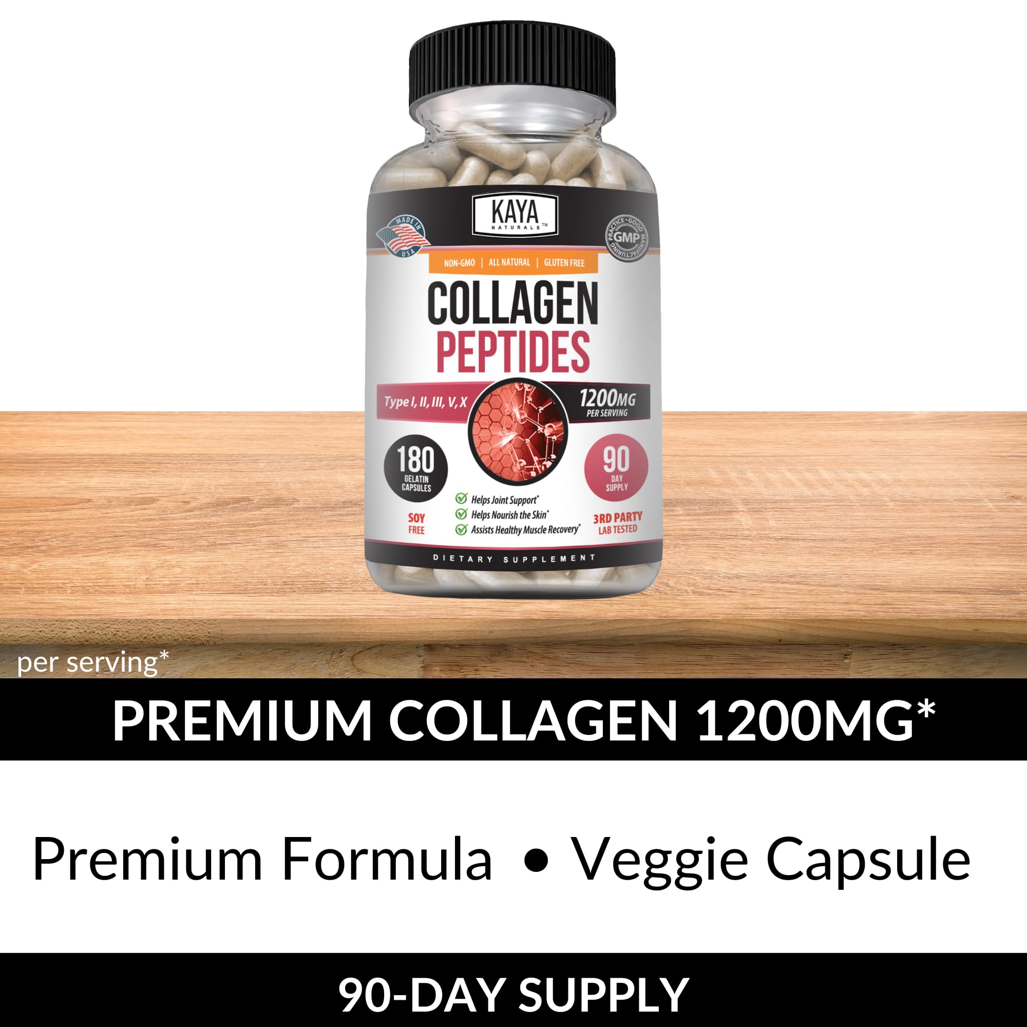 Kaya Naturals Multi Collagen Peptides Complex Powder for Women and Men, Types I, II, III, V & X | 180 Count Capsules