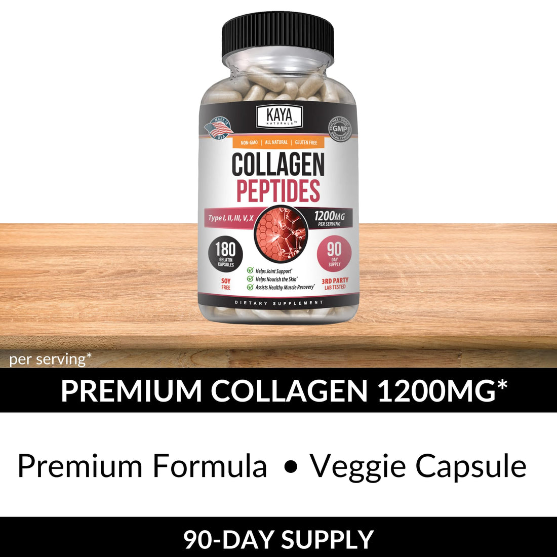 Kaya Naturals Multi Collagen Peptides Complex Powder for Women and Men, Types I, II, III, V & X | 180 Count Capsules