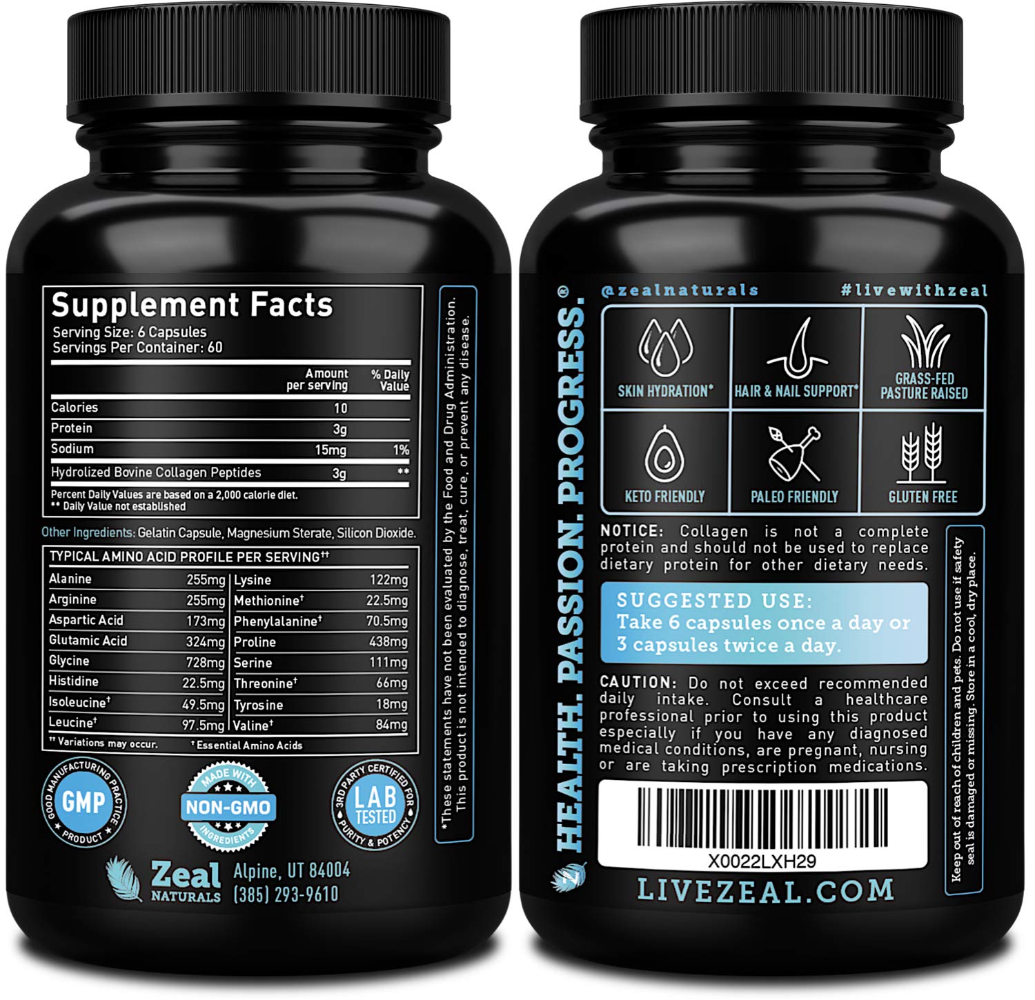 Zeal Naturals Collagen Peptides Collagen Pills (360 Capsules) Grass Fed Collagen Pepetide Powder - Hydrolyzed Collagen Powder for JointTendon SupplementHair Skin and Nails -