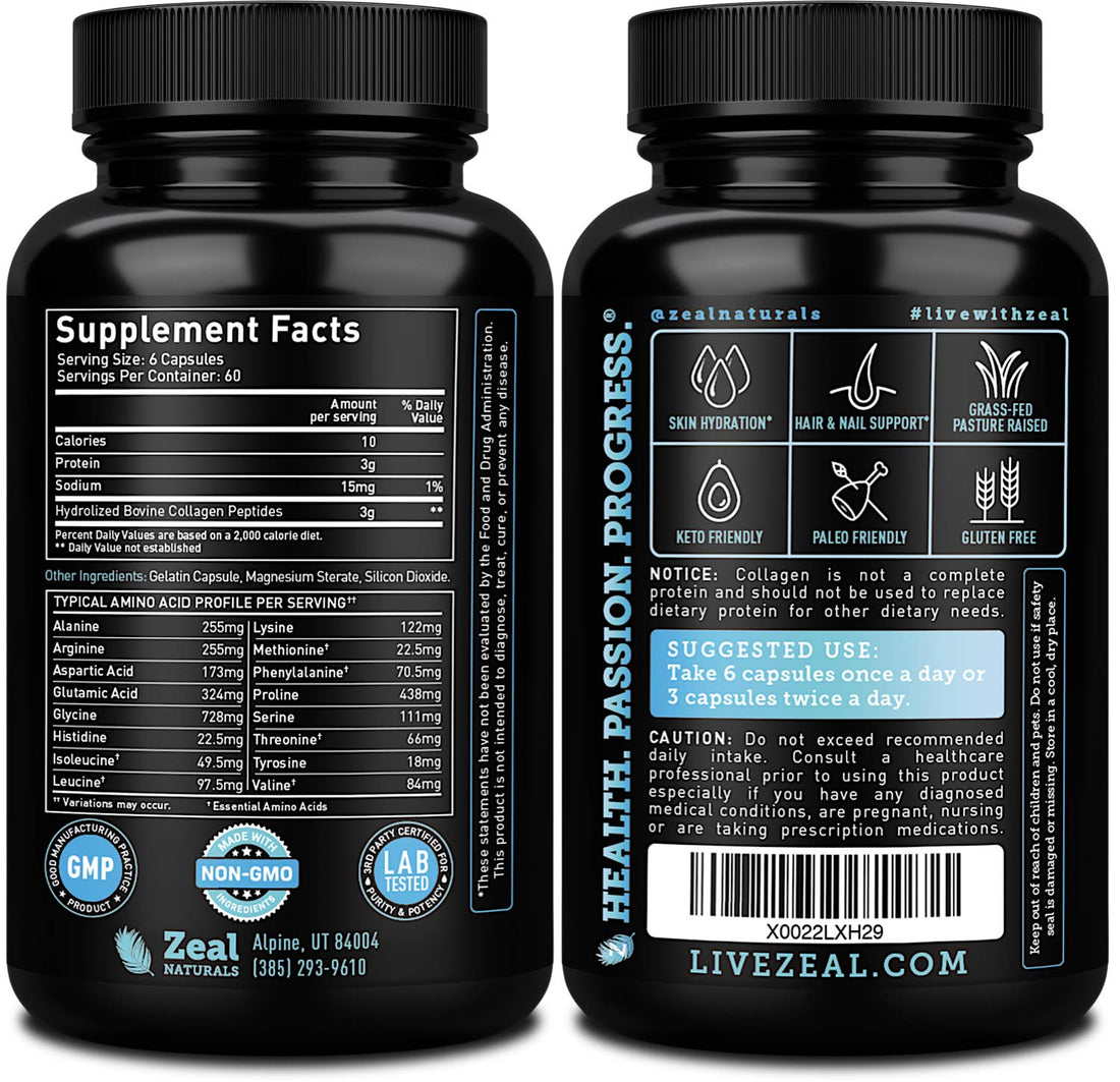 Zeal Naturals Collagen Peptides Collagen Pills (360 Capsules) Grass Fed Collagen Pepetide Powder - Hydrolyzed Collagen Powder for JointTendon SupplementHair Skin and Nails -