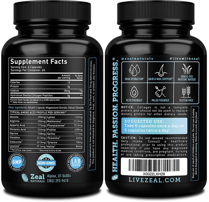 Zeal Naturals Collagen Peptides Collagen Pills (360 Capsules) Grass Fed Collagen Pepetide Powder - Hydrolyzed Collagen Powder for JointTendon SupplementHair Skin and Nails -