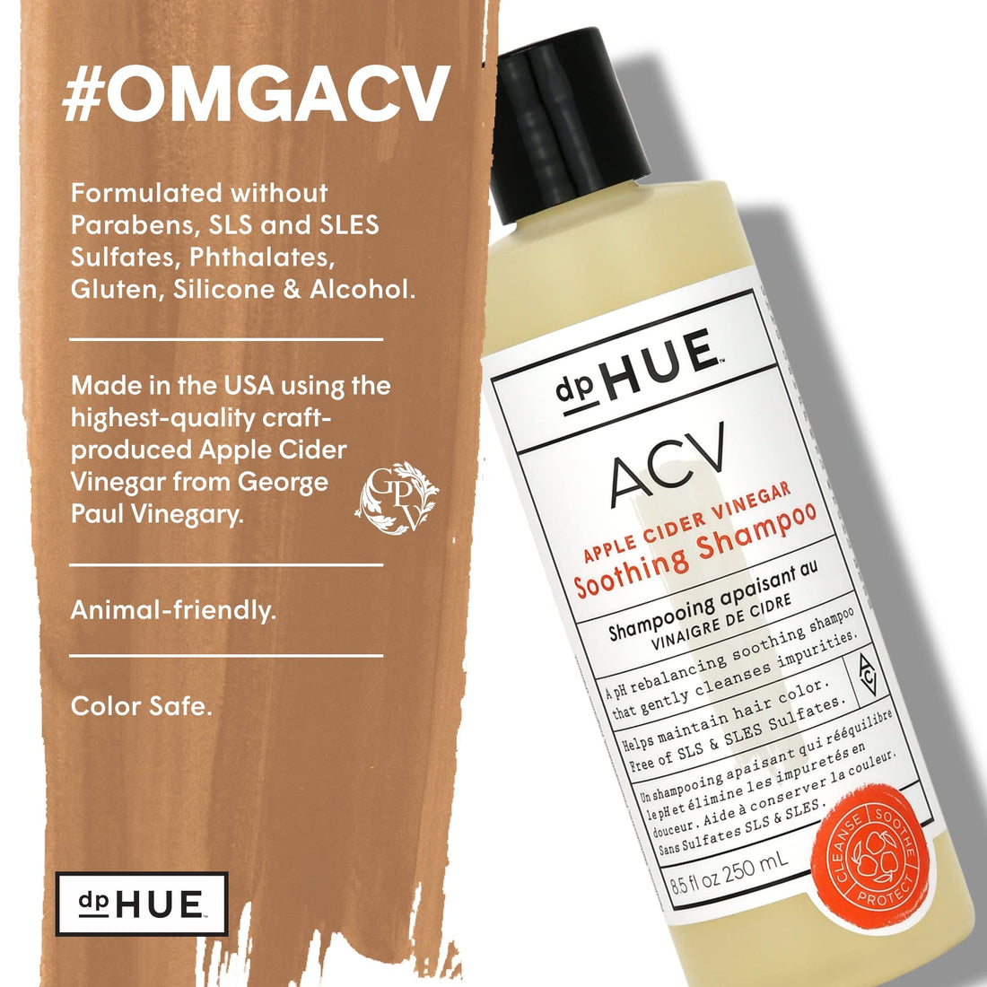 dpHUE ACV Soothing Shampoo, 8.5 oz - Sulfate Free Dry Scalp Shampoo For Color Treated Hair With Apple Cider Vinegar, Ginger Root, Lavender and Aloe