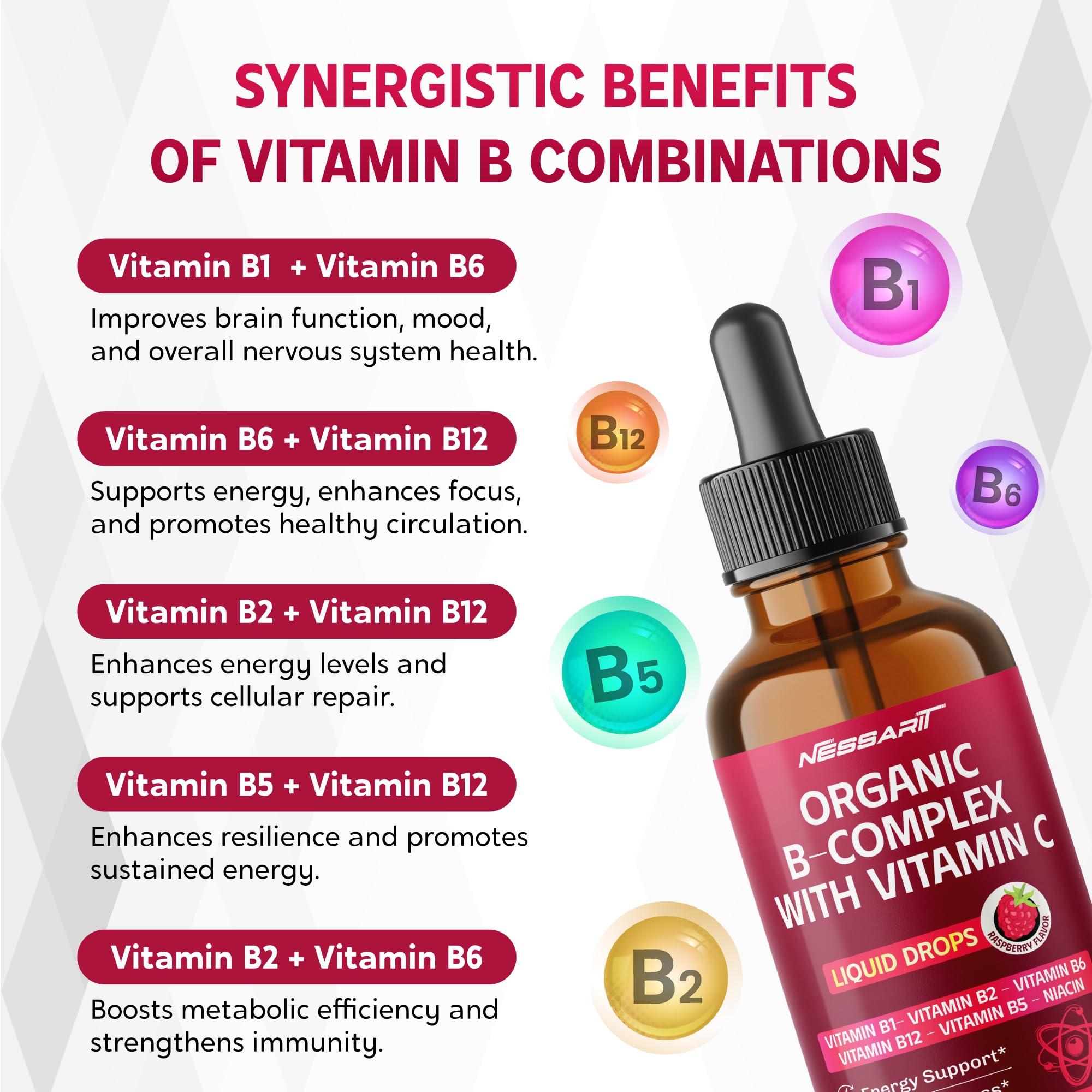 NESSARIT Organic B-Complex Liquid Drops with Vitamin C - B1, B2, B6, B12, B5, Niacin - Energy Support, Brain Wellness - Raspberry Flavor - Made in USA - 2.0 fl oz (60ml)