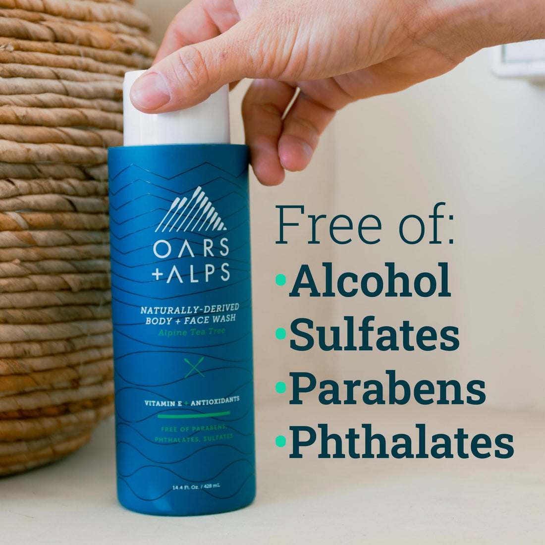 Oars + Alps Mens Body and Face Wash, Naturally Derived Skin Care Infused with Vitamin E and Antioxidants, Vegan and Gluten Free, Alpine Tea Tree, 2 Pack