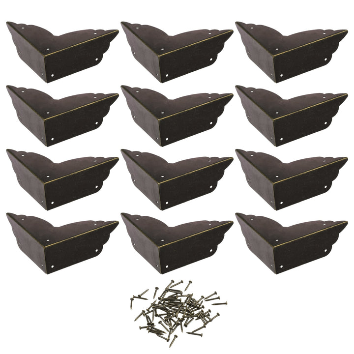 Cosmos Pack of 12 Antique Metal Box Corner Protector Edge Safety Guard Cabinet Furniture Corner Metal Bumpers, Bronze Tone Color