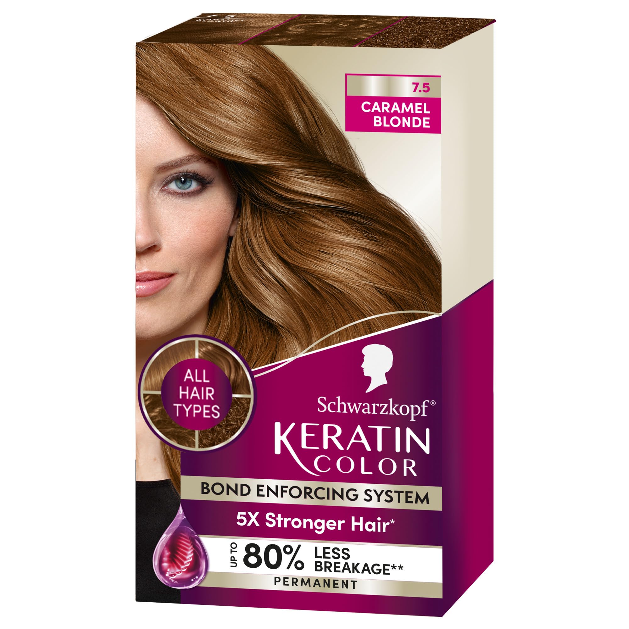 Schwarzkopf Keratin Color Permanent Hair Color, 7.5 Caramel Blonde, 1 Application Professionally Inspired Permanent Hair Dye for up to 80% Less Breakage vs Untreated Hair and up to 100% Gray Coverage