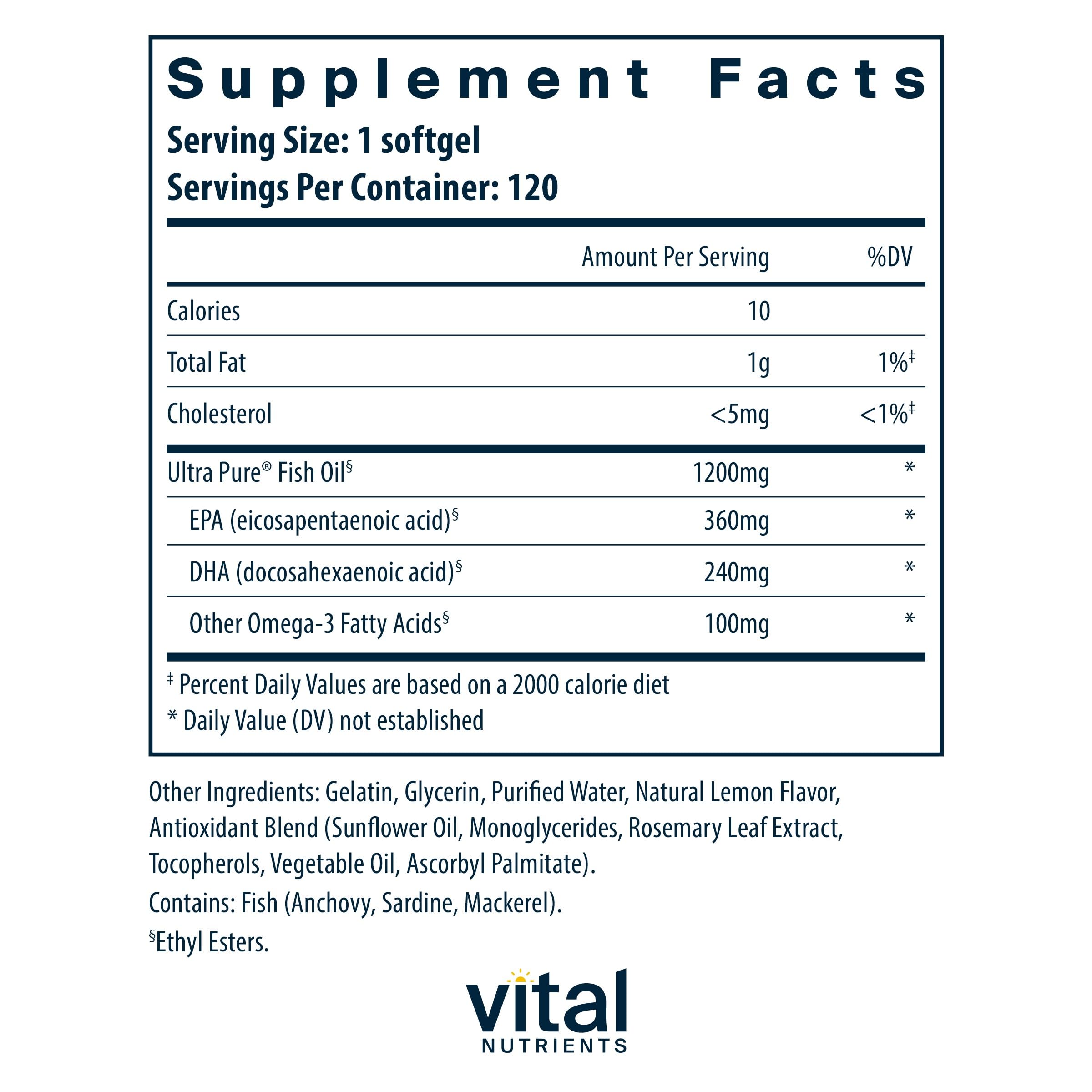 Vital Nutrients Ultra Pure® Fish Oil 700 | Supports Heart, Brain, and Joint Health* | Sustainably Sourced High EPA & DHA Omega-3 Fatty Acid | Lemon Flavor | Gluten, Dairy & Soy Free | 120 Softgels