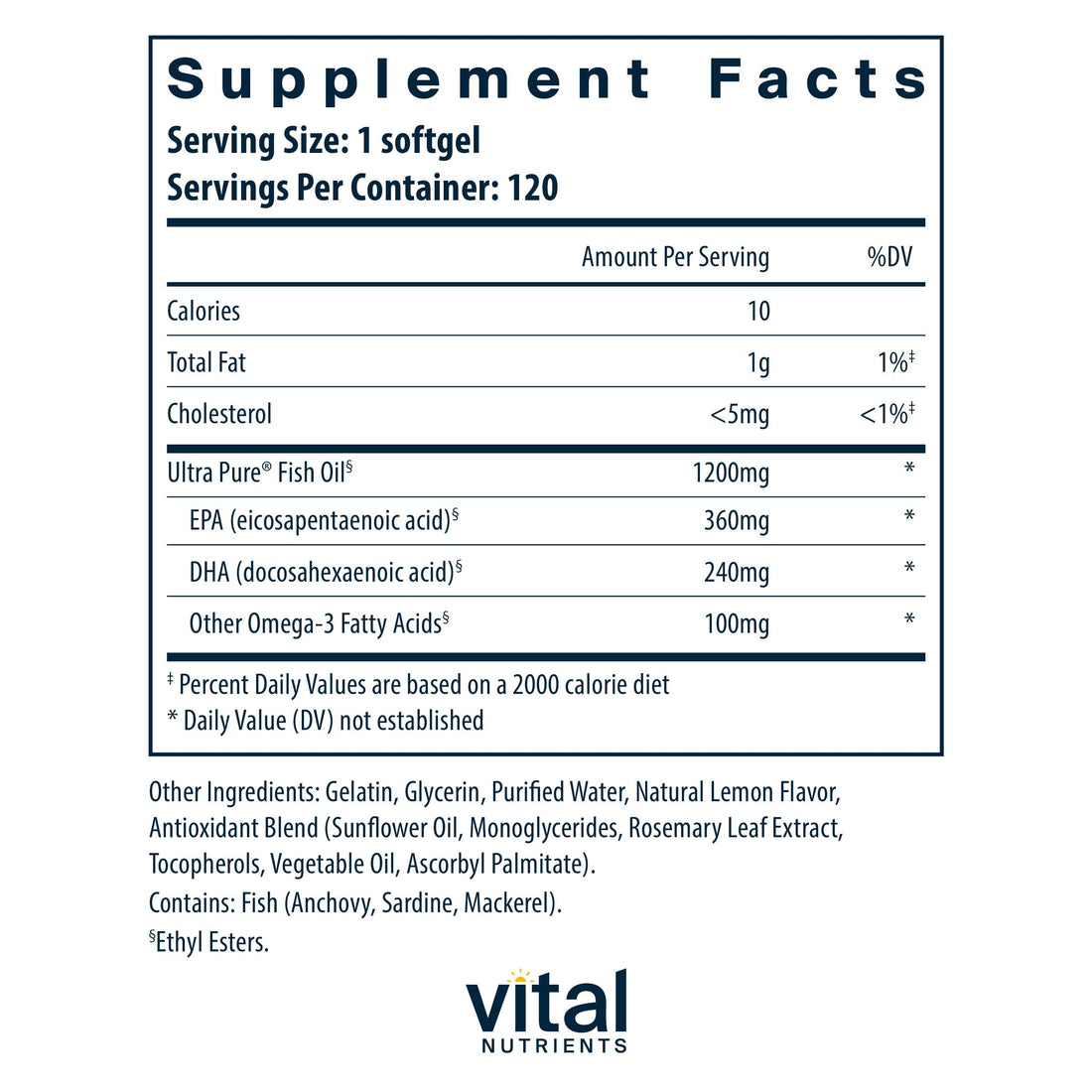 Vital Nutrients Ultra Pure® Fish Oil 700 | Supports Heart, Brain, and Joint Health* | Sustainably Sourced High EPA & DHA Omega-3 Fatty Acid | Lemon Flavor | Gluten, Dairy & Soy Free | 120 Softgels