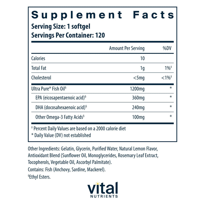 Vital Nutrients Ultra Pure® Fish Oil 700 | Supports Heart, Brain, and Joint Health* | Sustainably Sourced High EPA & DHA Omega-3 Fatty Acid | Lemon Flavor | Gluten, Dairy & Soy Free | 120 Softgels