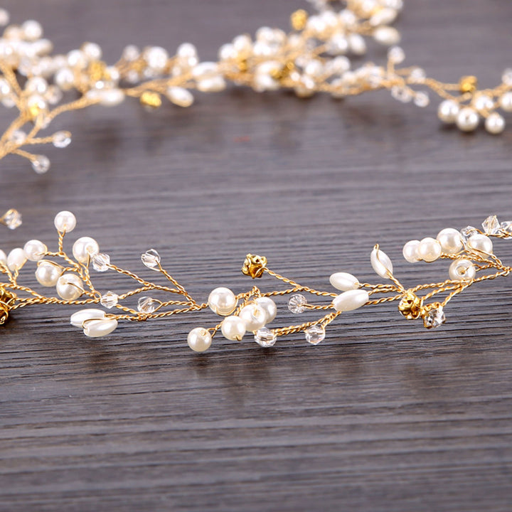 Wedding Bridal Headband Headpieces - Total Length 19.7 inches - Bridesmaid and Flowergirls Crystals Pearls Hair Vine Headwear Accessories for Women Lady Girls (Gold)