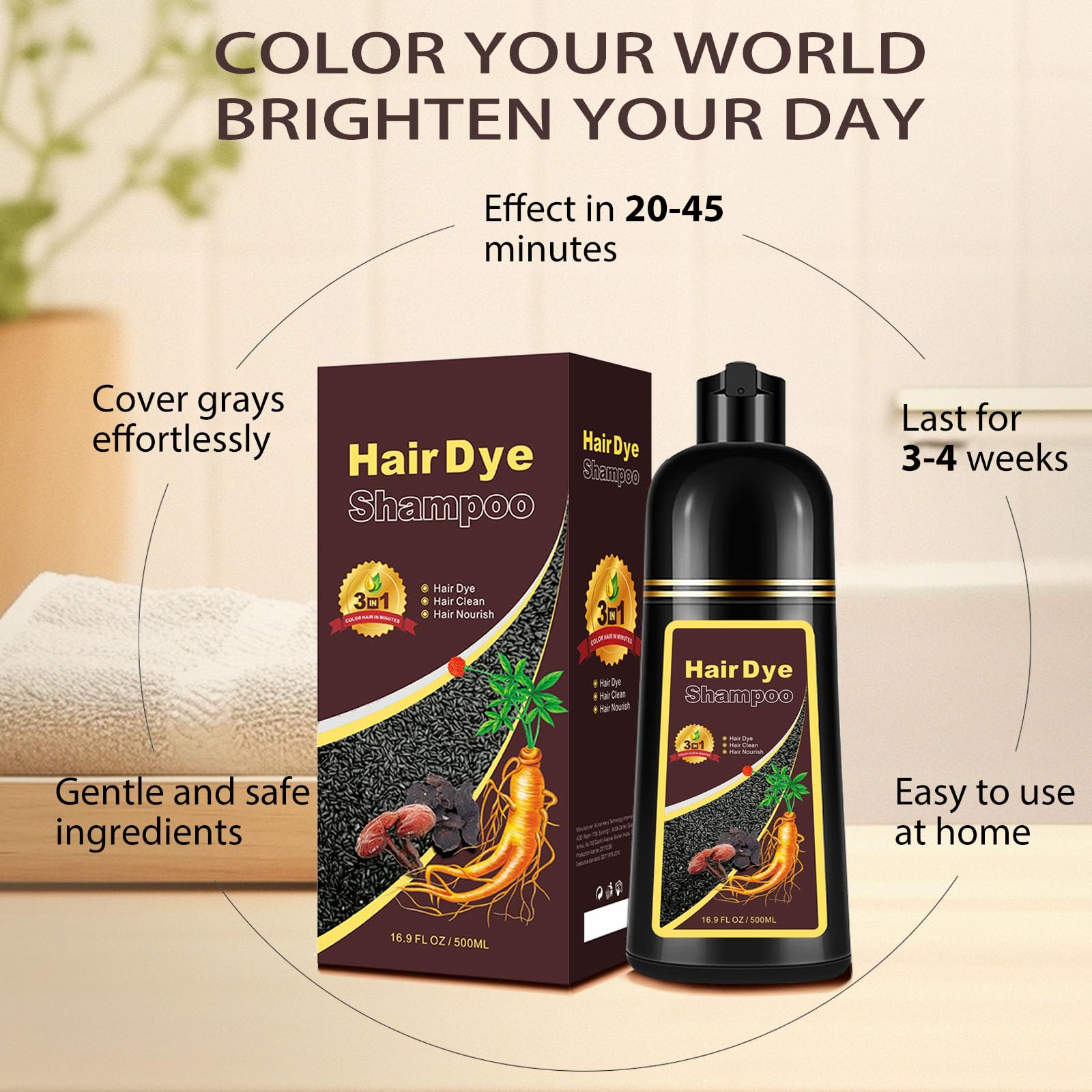 Hair Dye Shampoo 3 in 1, Long-Lasting Gray Coverage, Natural Black Hair Dye Hair Color Shampoo with Herbal Ingredients, Easy Application Shampoo Para Canas for Women Men 16.9 Fl Oz