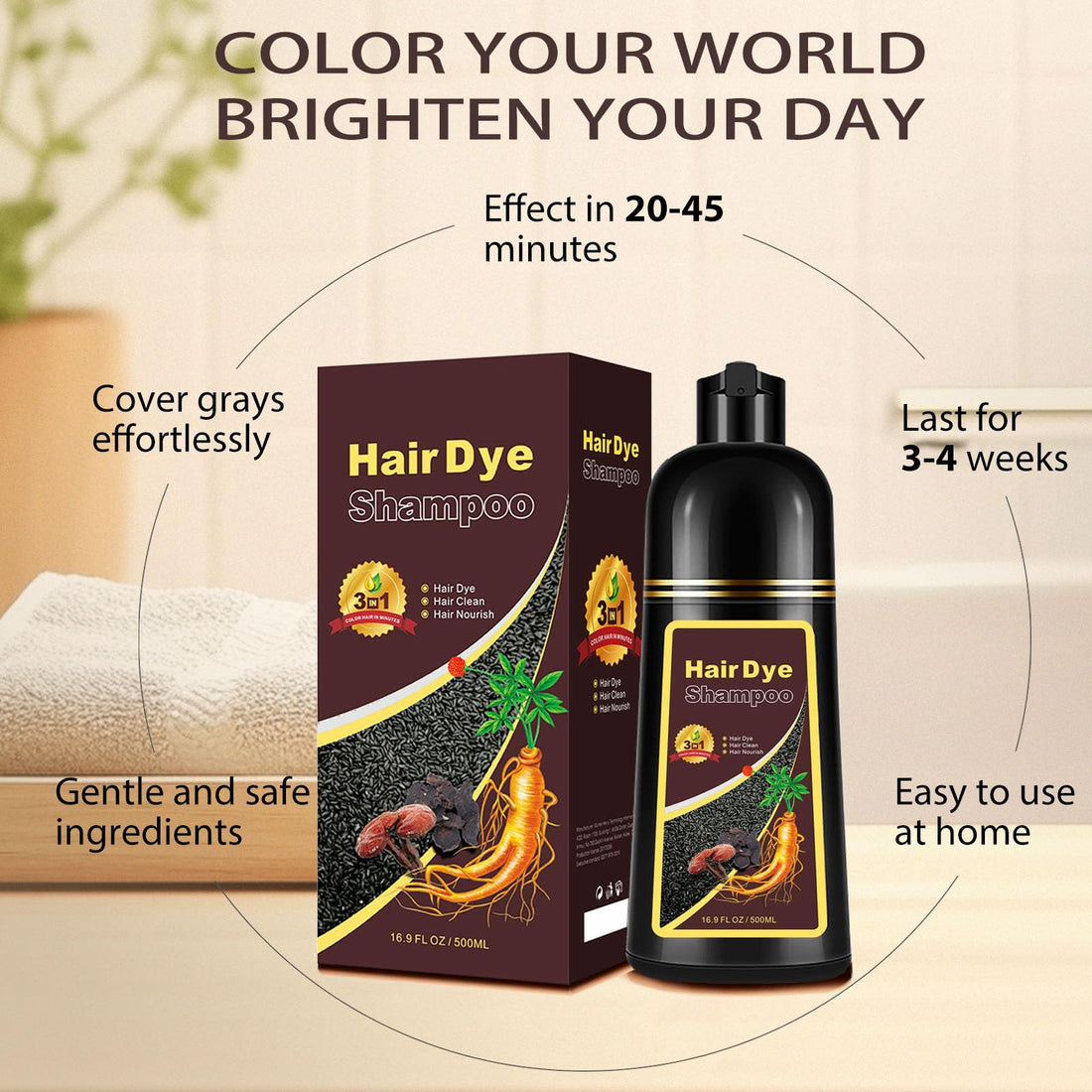 Hair Dye Shampoo 3 in 1, Long-Lasting Gray Coverage, Natural Black Hair Dye Hair Color Shampoo with Herbal Ingredients, Easy Application Shampoo Para Canas for Women Men 16.9 Fl Oz