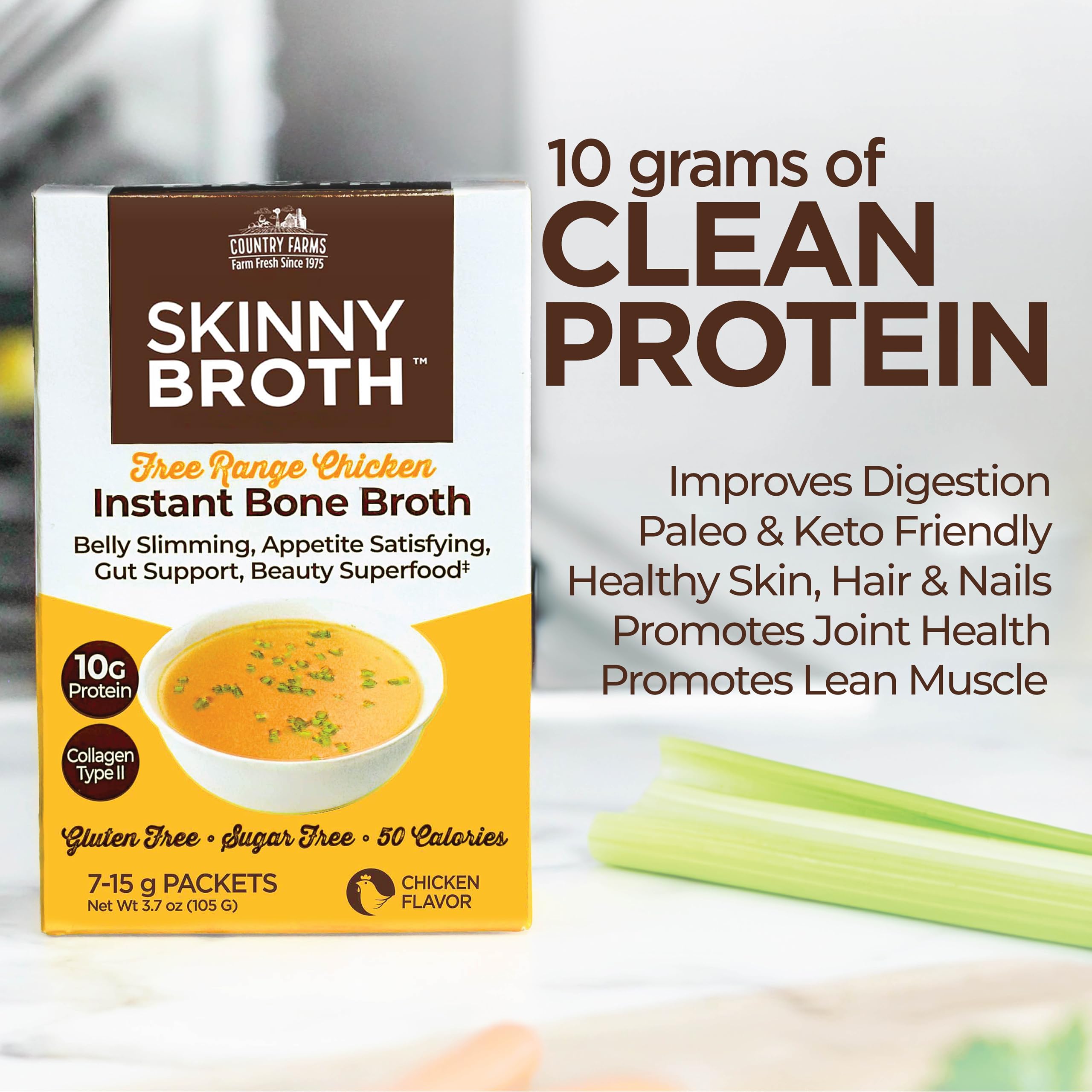COUNTRY FARMS Skinny Broth 7-Day Plan, Instant Chicken Bone Broth, 10G Protein, Collagen Type II, Promotes Better Digestion, Bone and Joint Health, 7 Day Plan, 4 Pack, 28-15g Packets