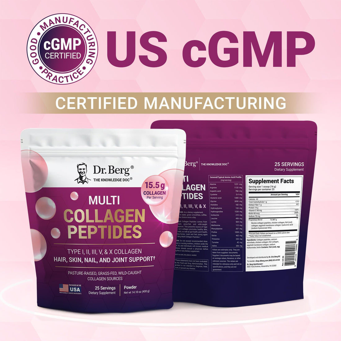 Dr. Berg Multi Collagen Peptides Powder Types I, II, III, V, X - Unflavored Collagen Powder w/ 14 g of Protein - Grass-Fed, Pasture-Raised & Wild-Caught Collagen Sources - 25 Servings