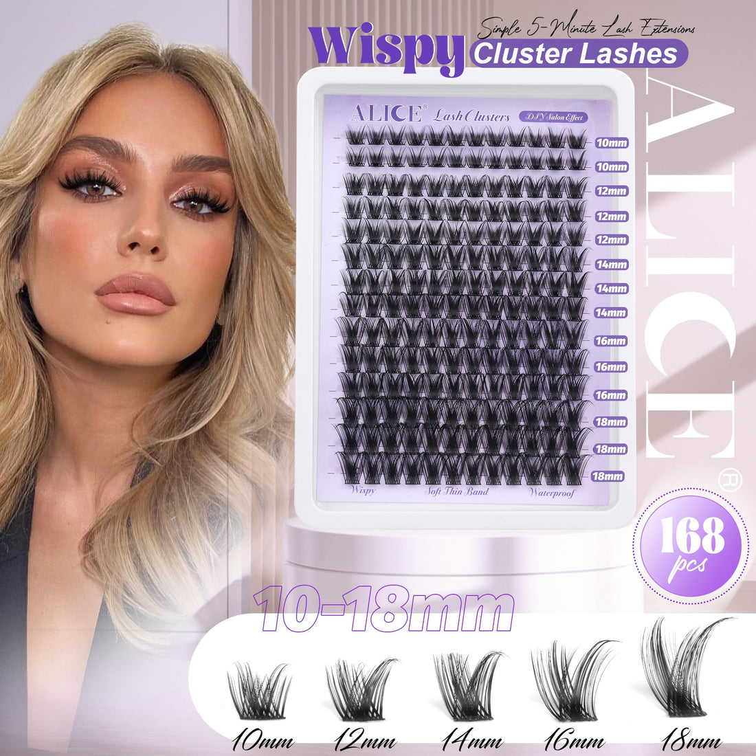 ALICE Lash Clusters Wispy Eyelash Clusters 168pcs 10-18mm Cluster Eyelash Extensions Natural Volume Lash Extensions DIY Individual Lashes Clusters with Soft Thin Band