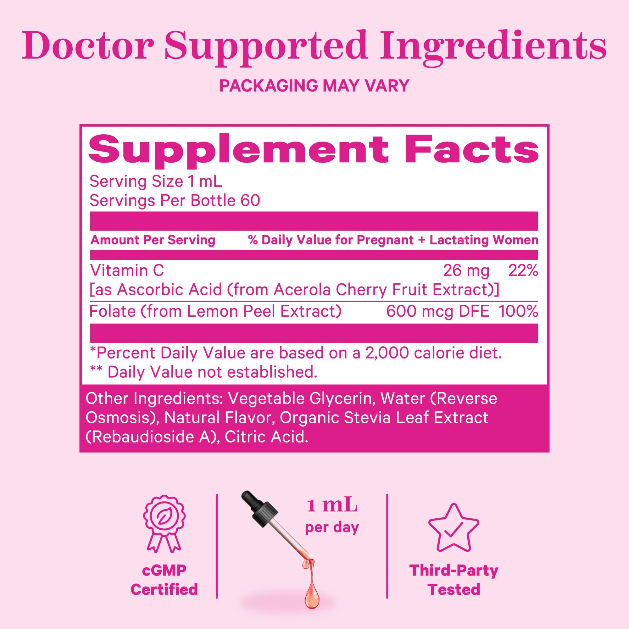 Pink Stork Liquid Folate: Whole-Food Vitamin B9 from Lemon Peels, Natural Folic Acid with Vitamin C, Liquid Prenatal Vitamins for Women, Pregnancy Must Haves, Women-Owned, 2 oz