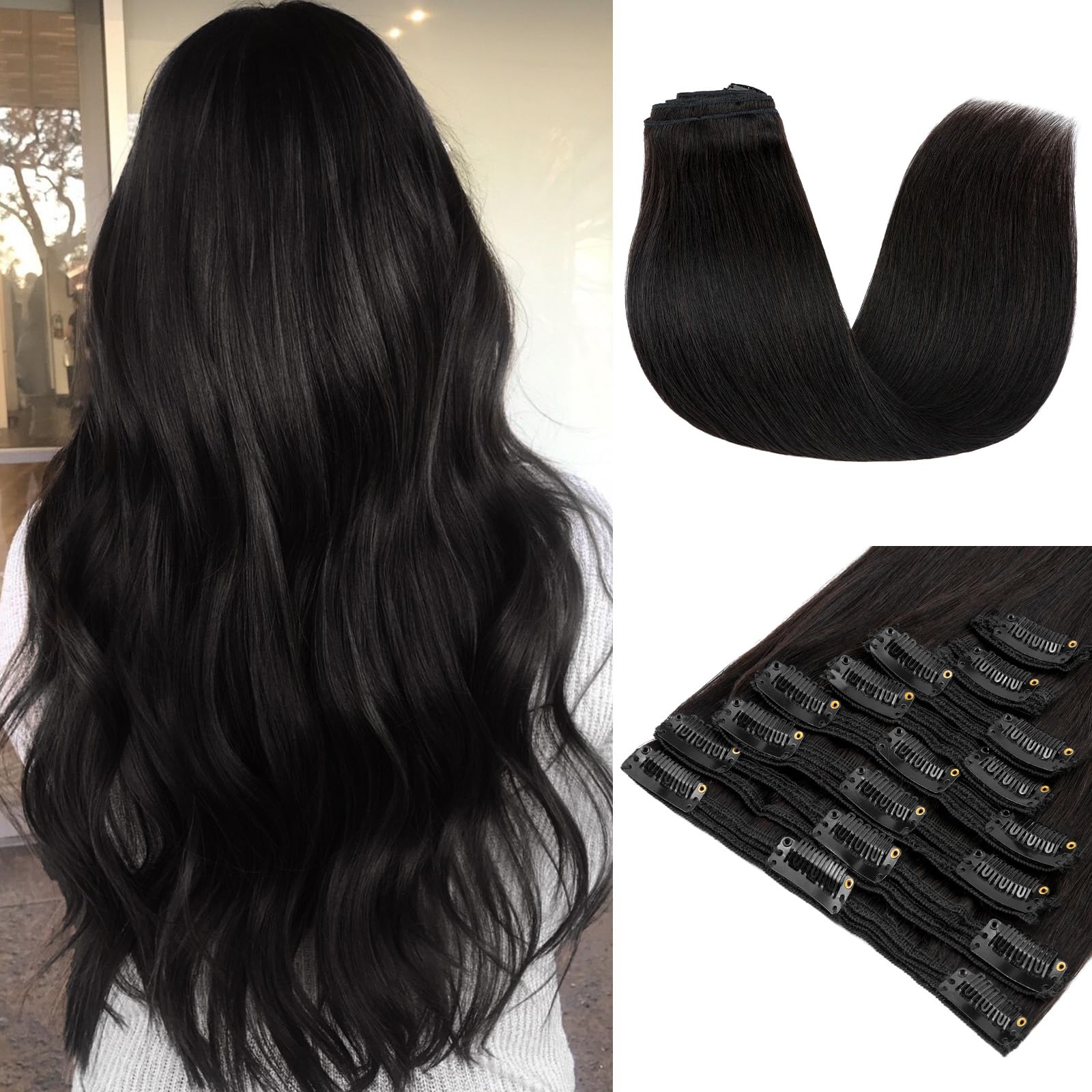 Double Weft 100% Remy Human Hair Clip in Extensions 14'-22' Grade 7A Quality Full Head Thick Thickened Long Soft Silky Straight 8pcs 18clips Off Black (18 / 18 inch 140g,#1B Natural Black)