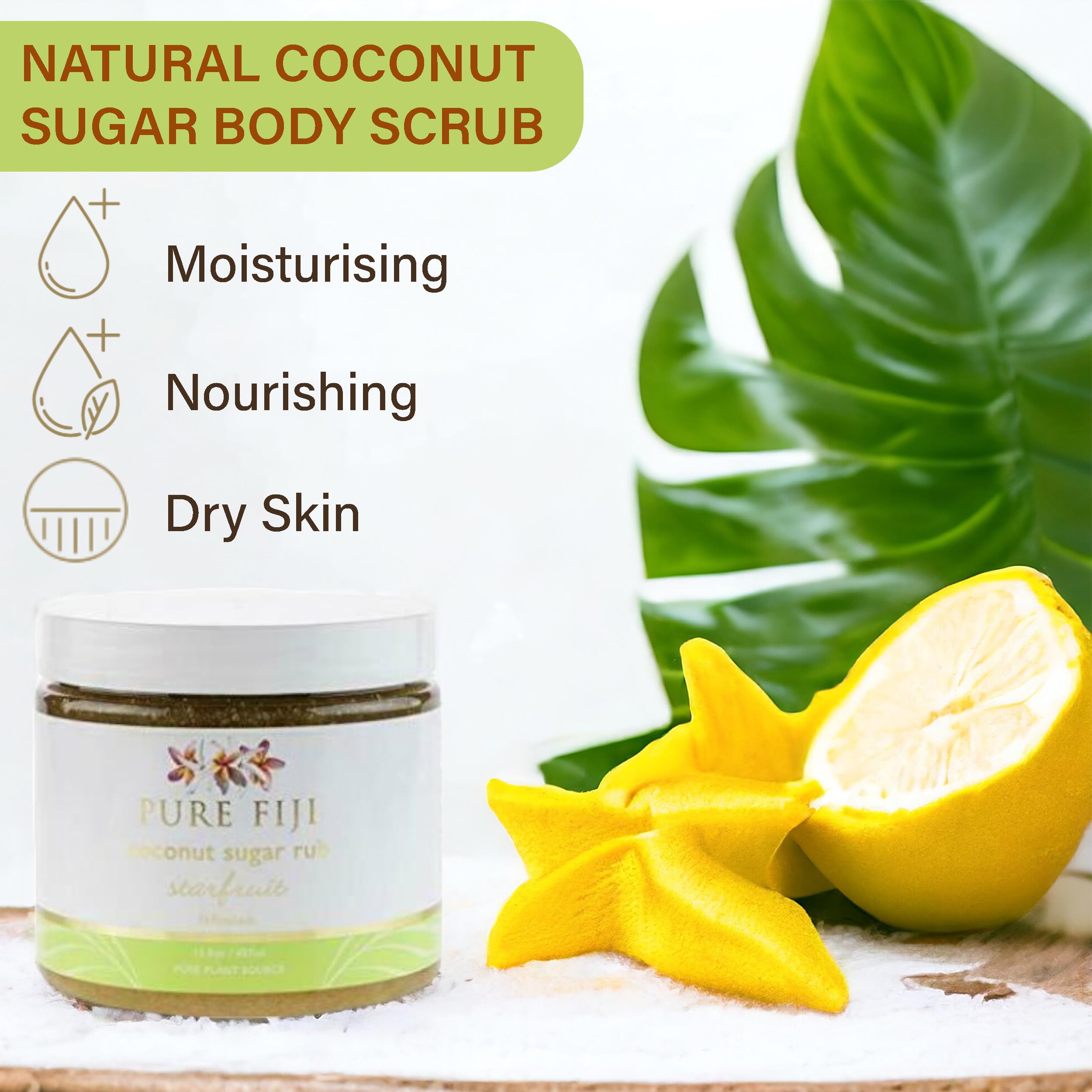 Pure Fiji Coconut Sugar Body Scrub - Body Exfoliator Scrub Natural Origin for Smooths and Softens Skin - Organic Exfoliating Sugar Scrub for Body, Starfruit, 15.5 Oz