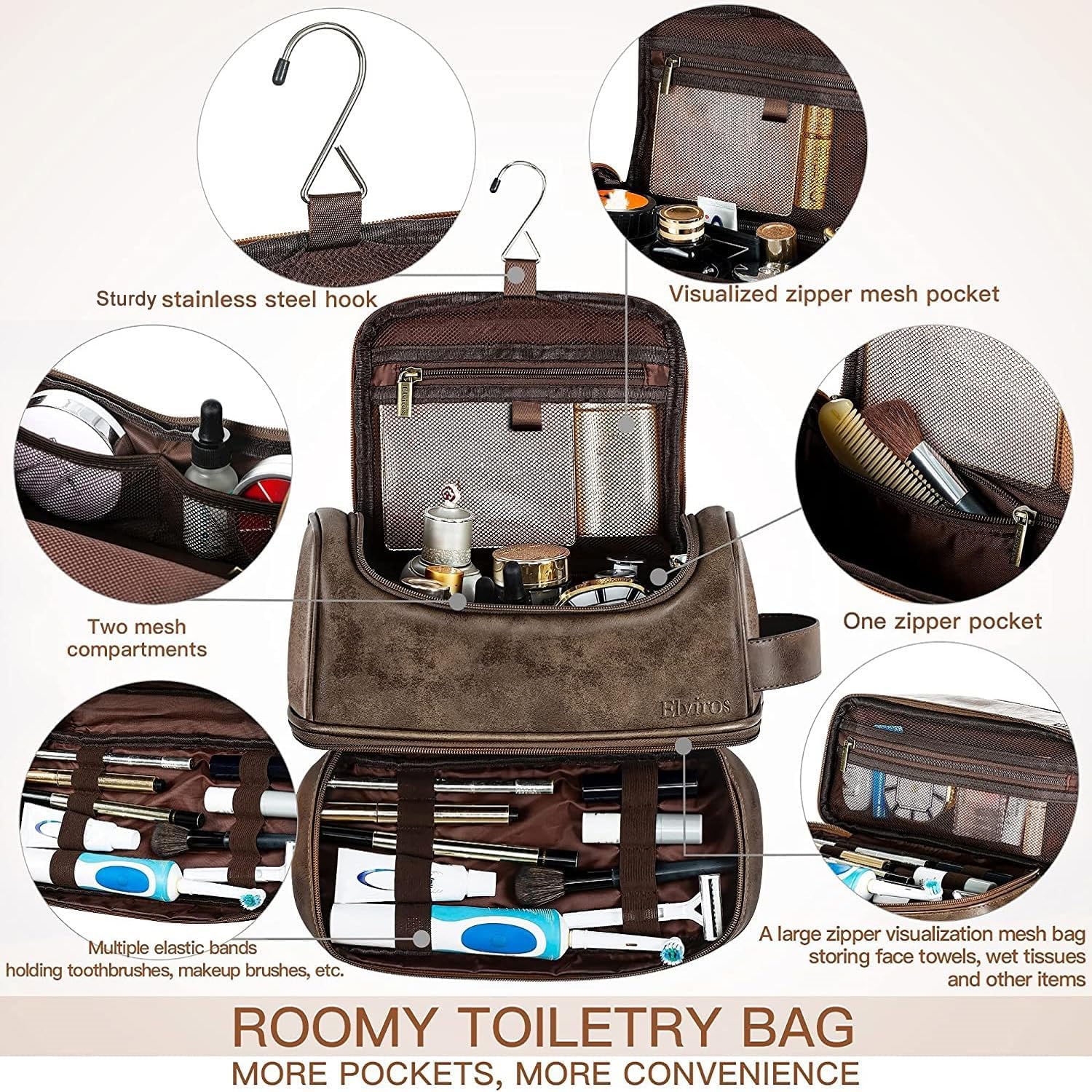 Elviros Toiletry Bag, Mens Leather Travel Organizer Kit with hanging hook, Large Water-resistant Toiletries Bathroom Shaving Bags for Women (Coffee)