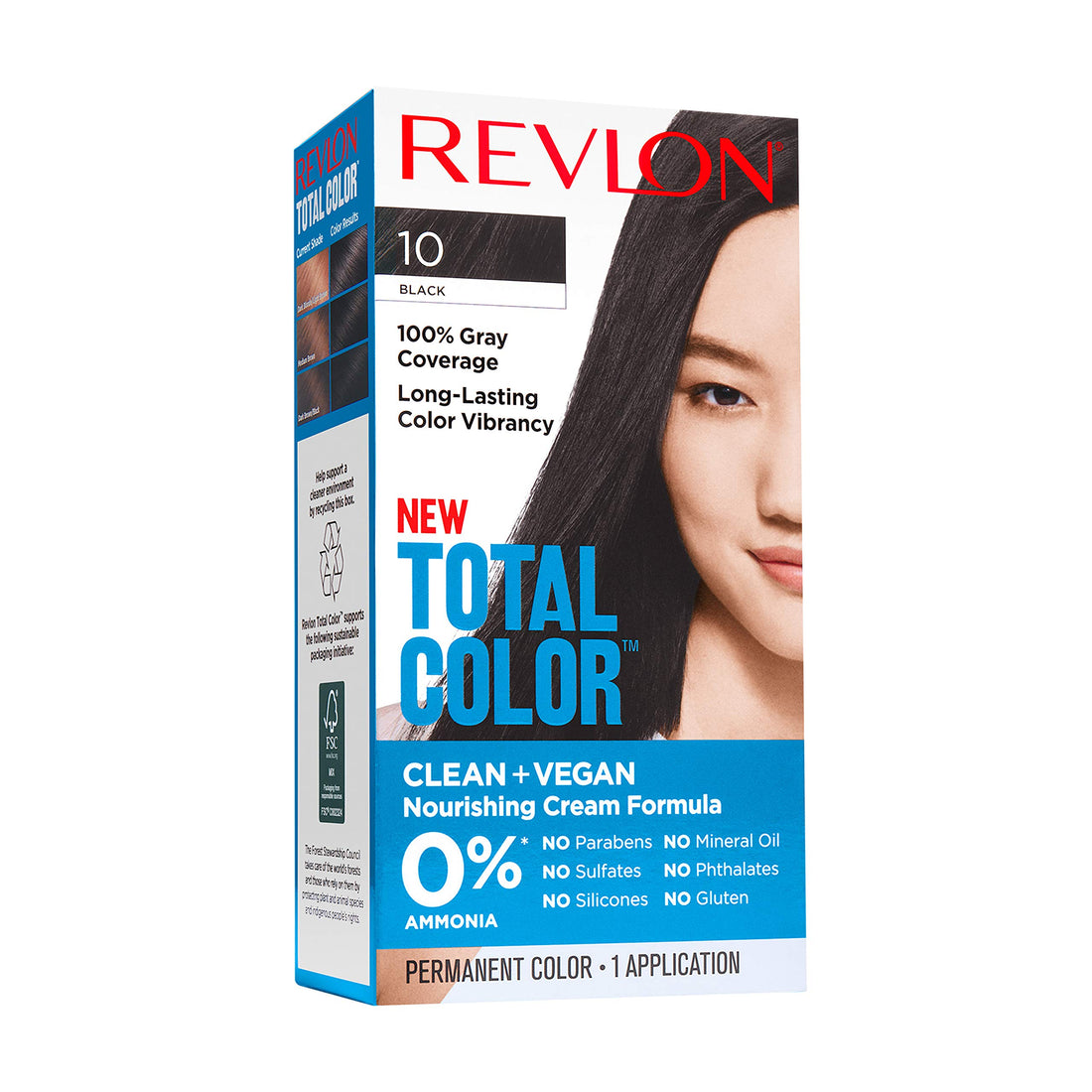 Revlon Total Color Permanent Hair Color, Clean and Vegan, 100% Gray Coverage Hair Dye, 10 Black, 3.5 oz