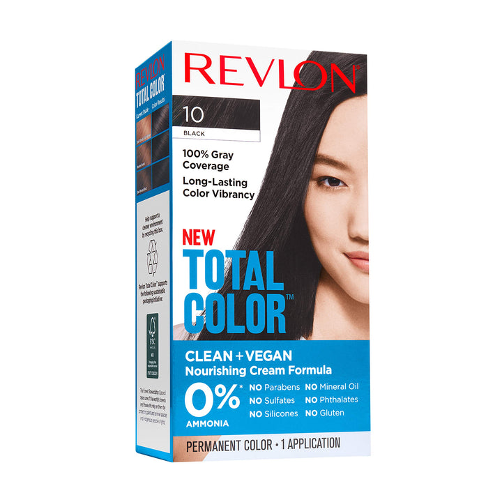 Revlon Total Color Permanent Hair Color, Clean and Vegan, 100% Gray Coverage Hair Dye, 10 Black, 3.5 oz