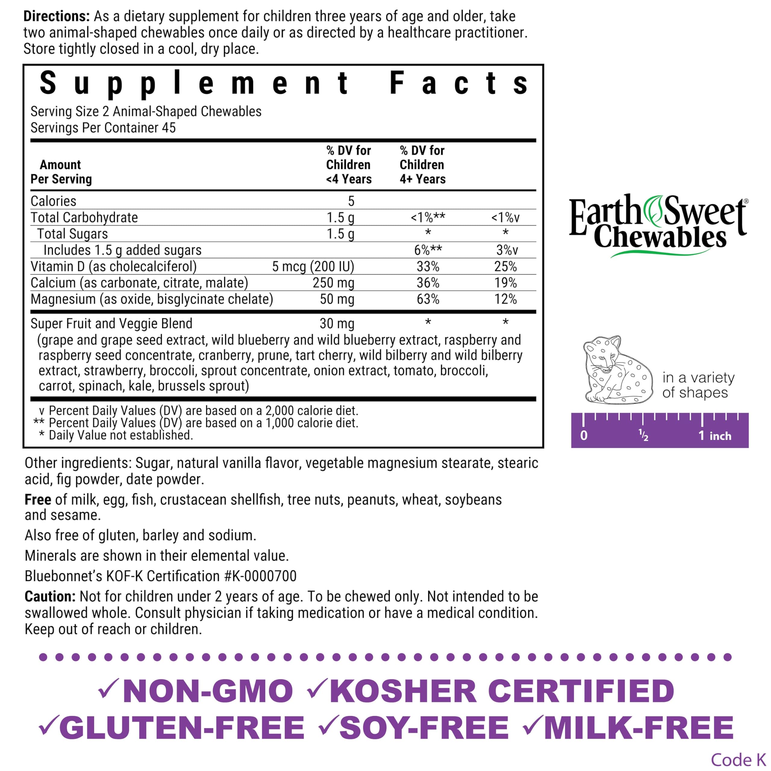 BlueBonnet Super Earth Rainforest Animalz Calcium Magnesium And Vitamin D3 Chews, Natural Vanilla Frosting, White, 90 Count