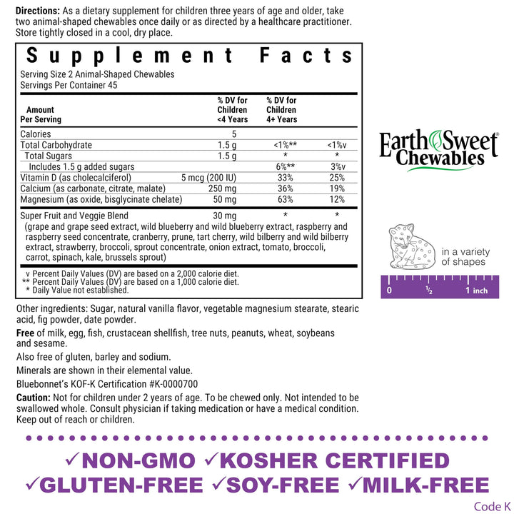 BlueBonnet Super Earth Rainforest Animalz Calcium Magnesium And Vitamin D3 Chews, Natural Vanilla Frosting, White, 90 Count