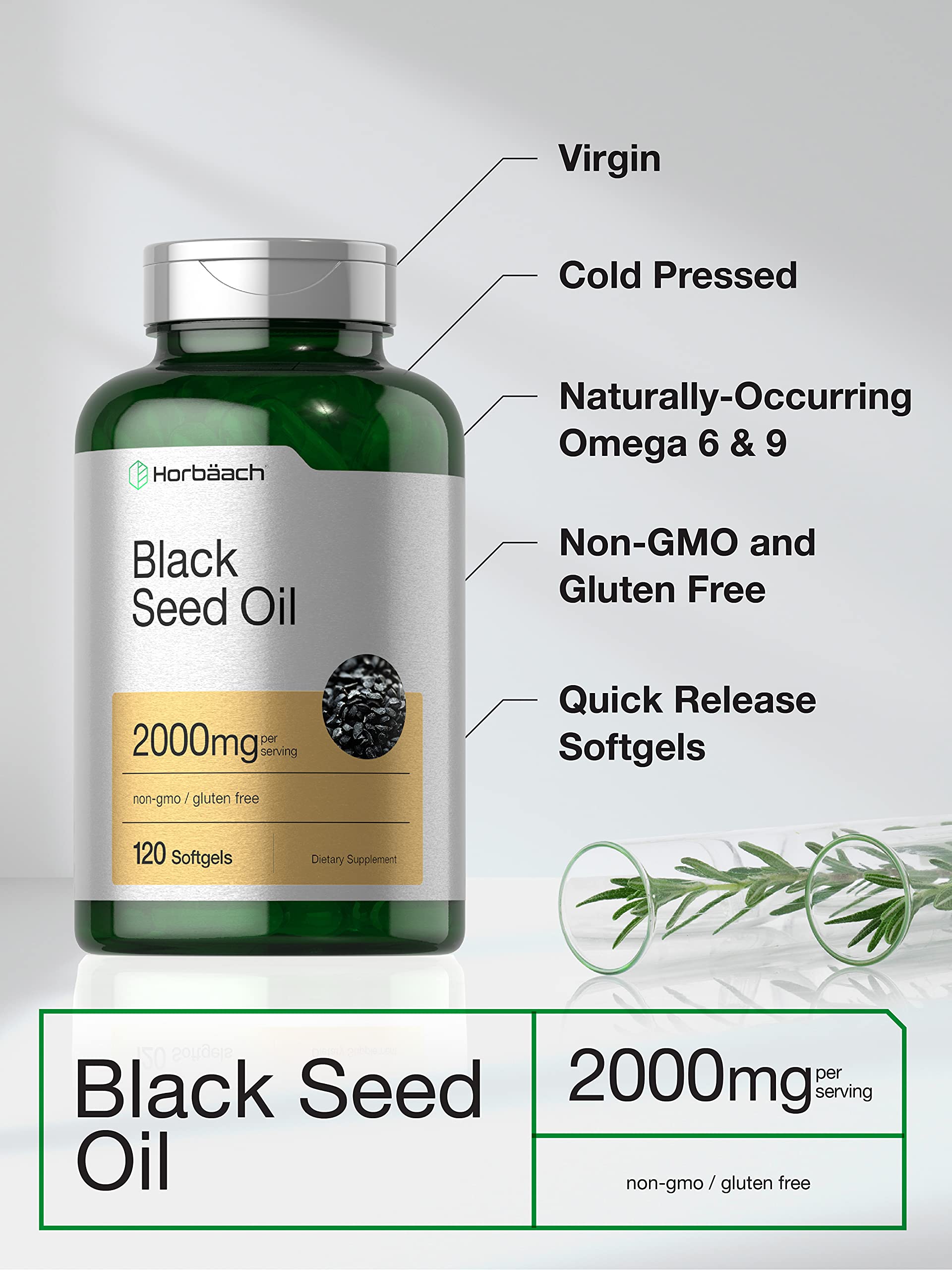 Horbäach Black Seed Oil Softgel Capsules | 2000mg | 120 Count | Cold Pressed Nigella Sativa Pills | Non-GMO, Gluten Free Supplement
