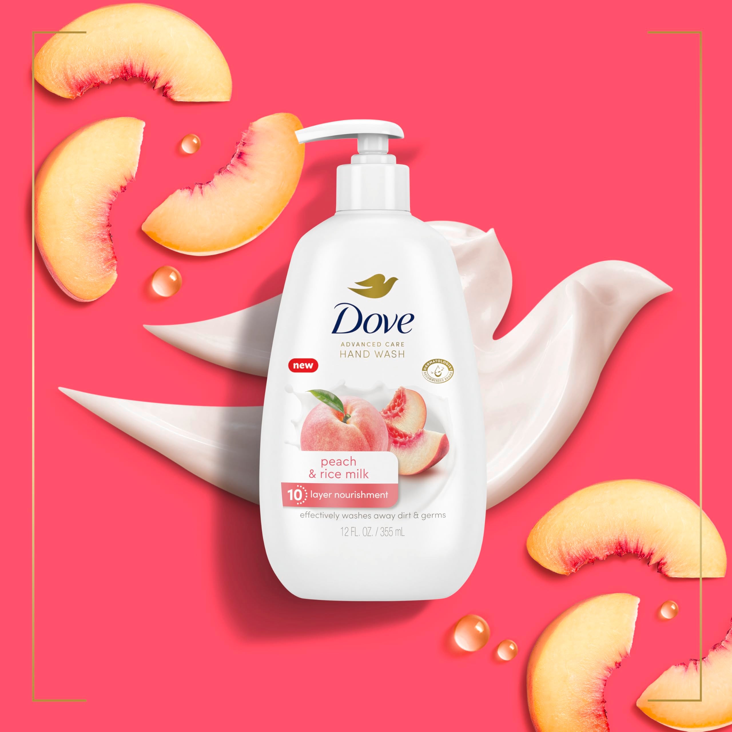 Dove Advanced Care Hand Wash Peach & Rice Milk 4 Count for Washing Away Dirt & Germs While Nourishing Skin 10 Layers Deep, with Moisture Boost 5X Complex