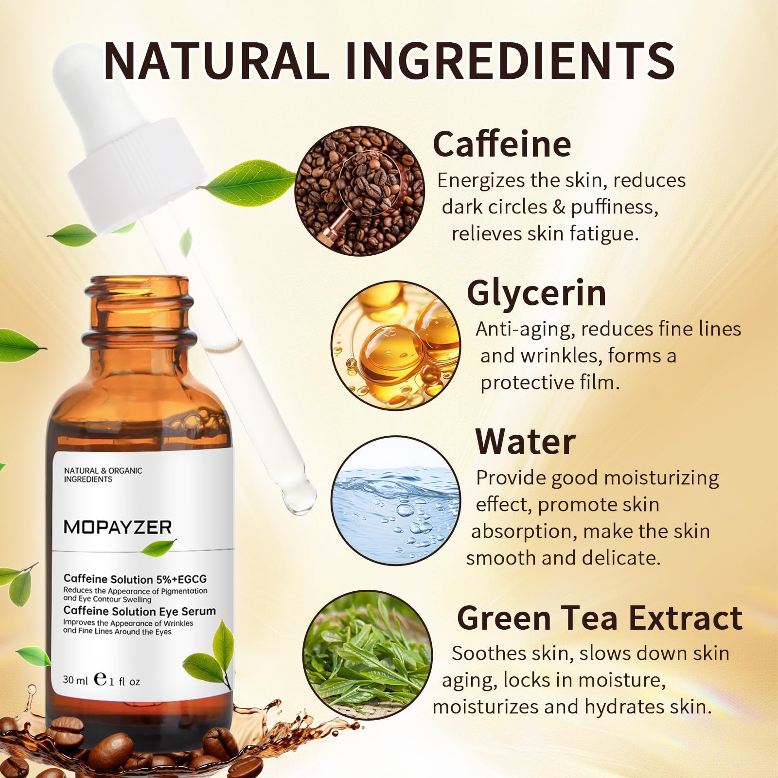 Caffeine Solution 5% + EGCG, Caffeine Eye Serum For Moisturizing, Targets Dark Circles & Puffiness, 1 PCS Natural Under Eye Serum For Facial Wrinkles & Fine Lines.