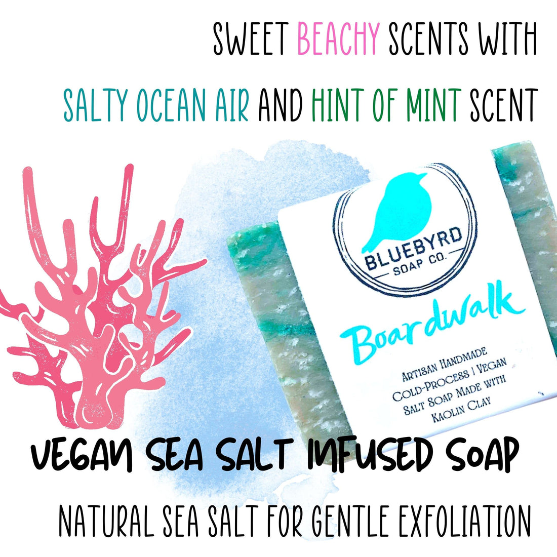 Bluebyrd Soap Co. Boardwalk Soap Bar for Kids | Handmade Artisan Soap Bar for Kids & Teens | Sea Salt Beach | Organic Olive Oil Soap, Organic Shea Butter | Vegan Natural Body Wash (Boardwalk)