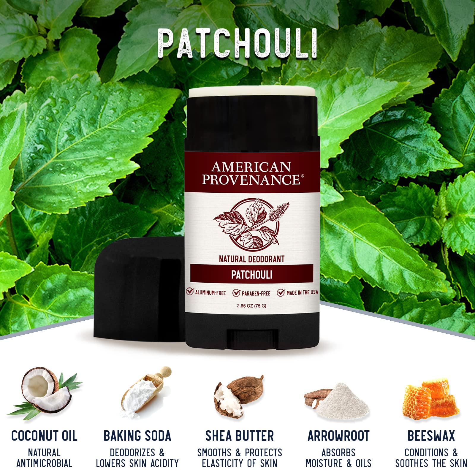 American Provenance Aluminum Free Natural Deodorant For Women and Men - Patchouli - 24 Hour Protection - Cruelty Free - Made in the USA (1 pack)