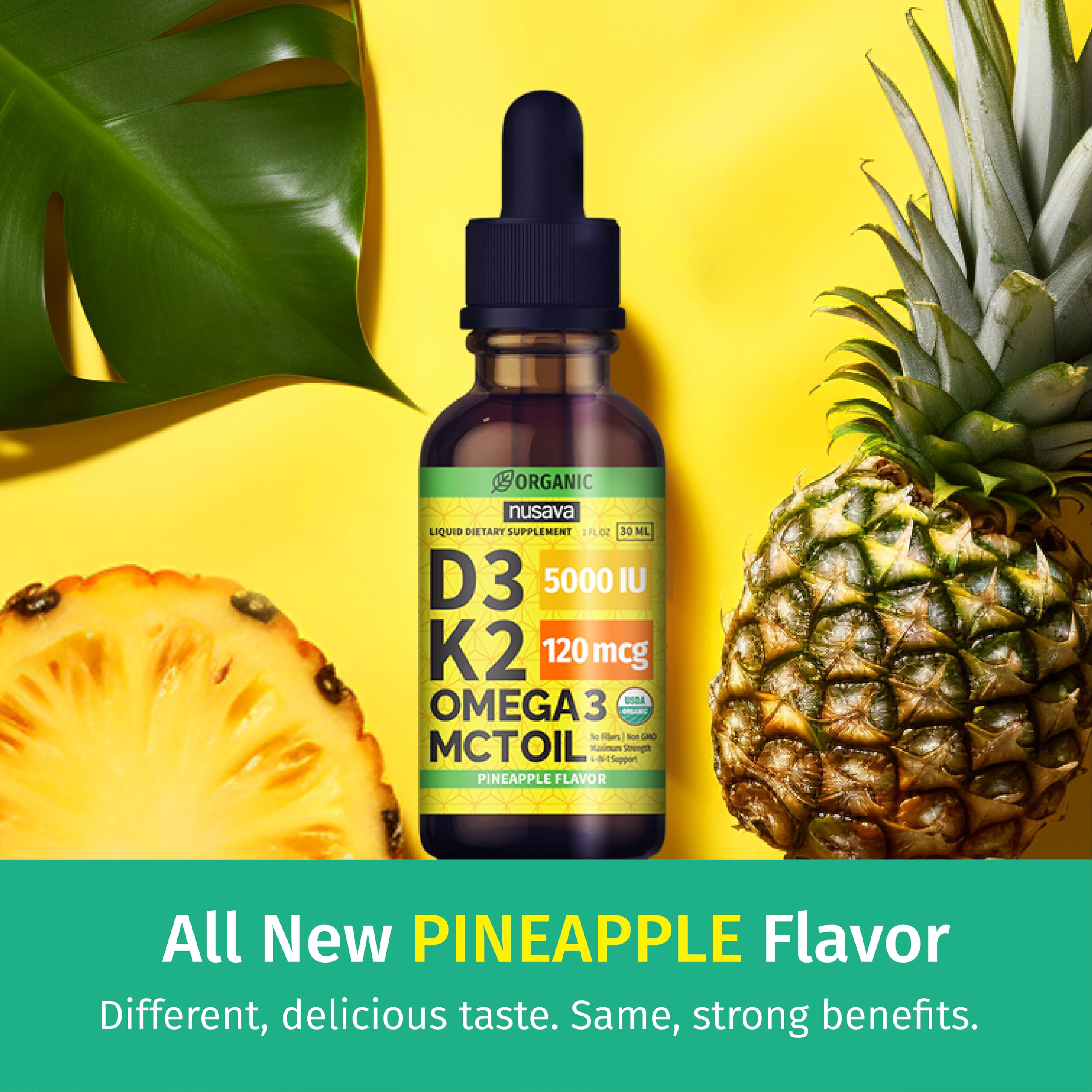 (2 Pack) Organic Vitamin D3 K2 Drops with MCT Oil Omega 3, Maximum Strength Vitamin D Liquid 5000 IU, No Fillers, Non-GMO Liquid D3 for Faster Absorption and Immune Support (Pineapple, 2 Fl Oz)