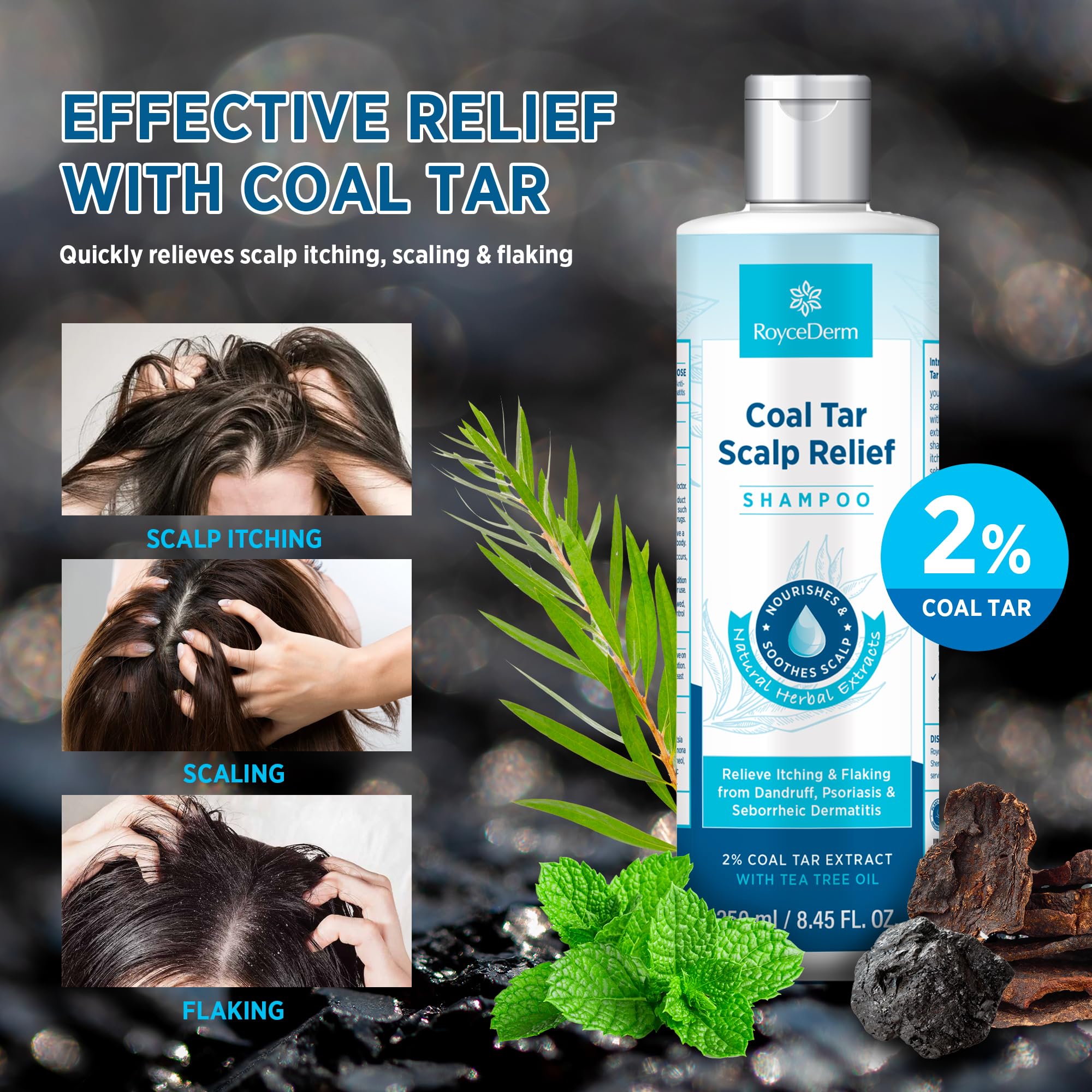 RoyceDerm Coal Tar Dandruff Shampoo: Extra Strength 2% Coal Tar Extract Medicated Gel for Rapid Scalp Hair Relief targets dandruff, psoriasis, and seborrheic dermatitis - Hydrating & Natural Fragrance